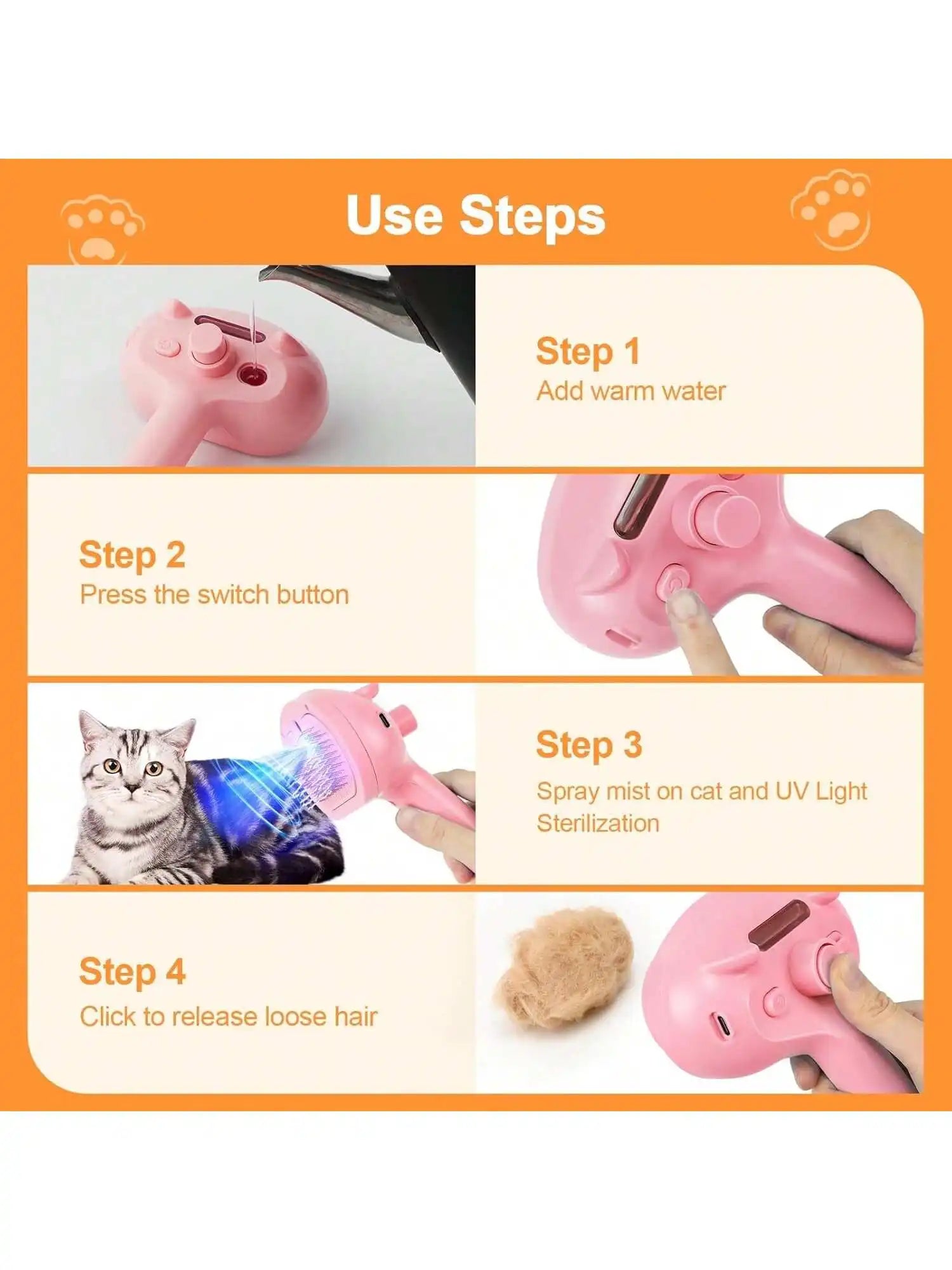 Antistatic Steam Pet Grooming Brush, Portable Steam Cat Comb for Home Pet Care, Suitable for Cats & Dogs
