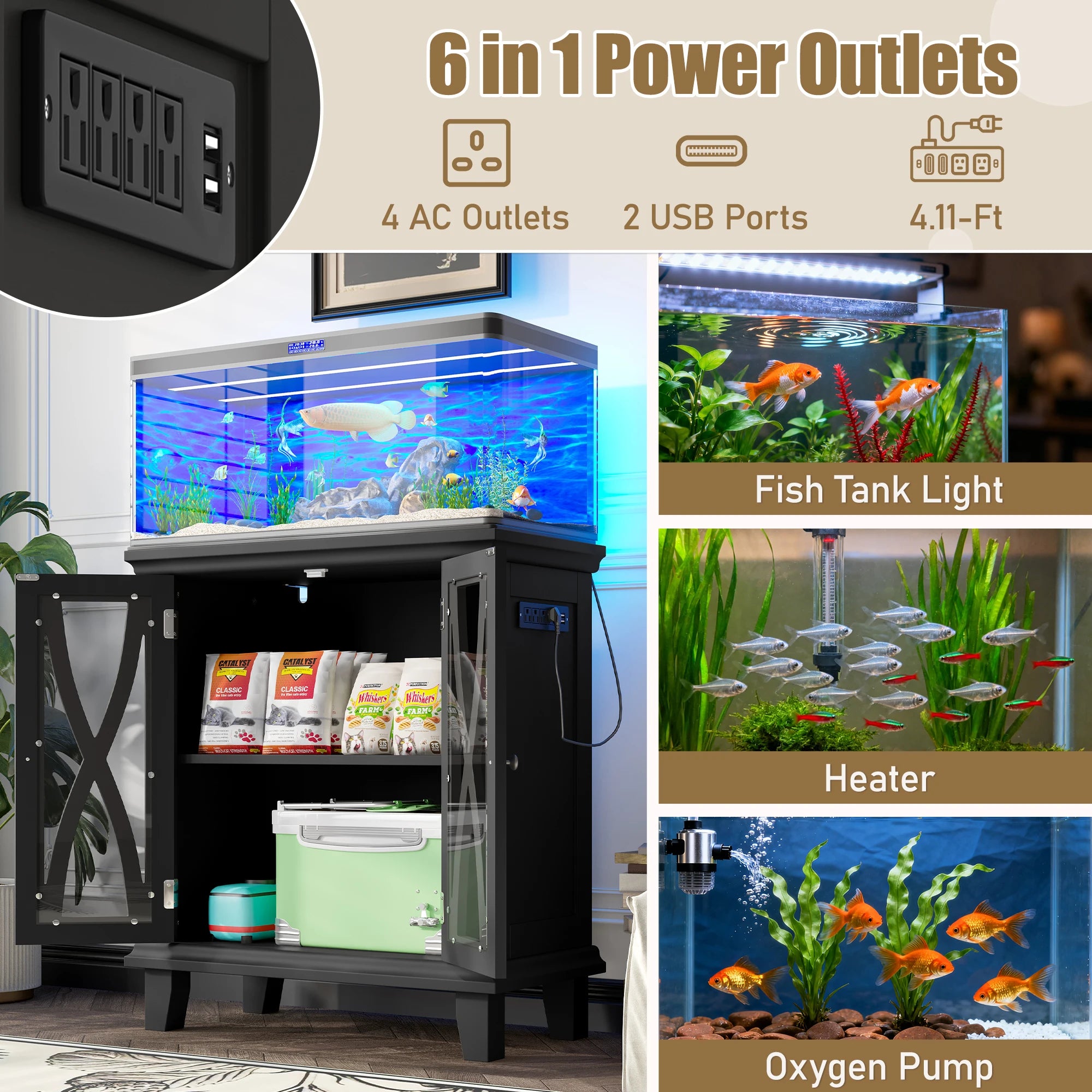 20-Gallon Fish Tank Stand with 25W Power Outlets Farmhouse Decorative Rectangular Aquarium Stand Furniture Adjustable