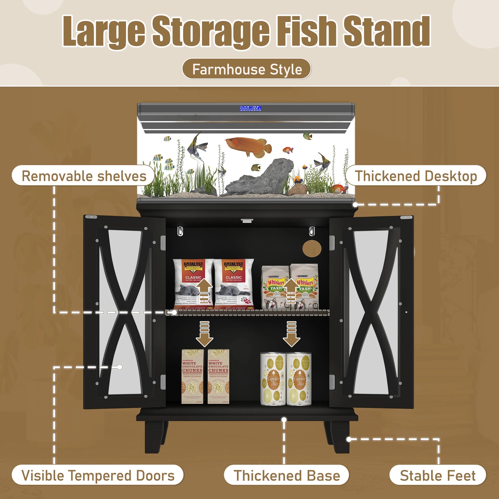 20-Gallon Fish Tank Stand with 25W Power Outlets Farmhouse Decorative Rectangular Aquarium Stand Furniture Adjustable