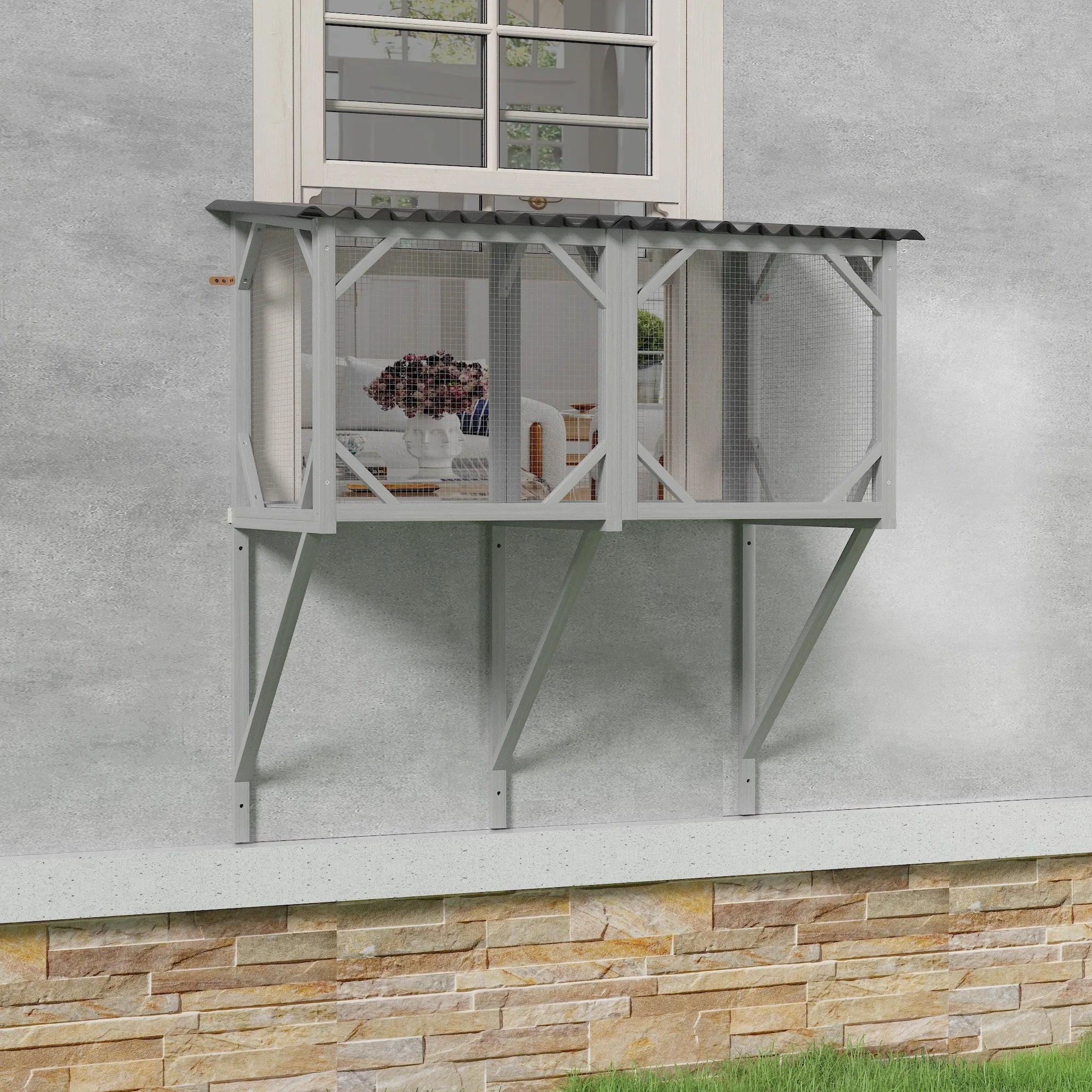 Modern Cat Catio Indoor Window Perch Waterproof Cat Box Enclosure Mosquito-Proof Net Solid Pattern