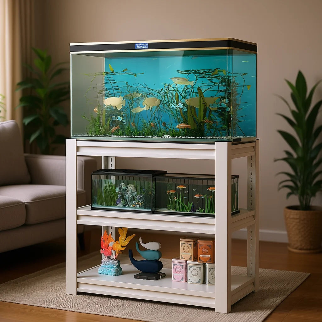 Aquarium Stand 3 Tier Metal Rectangular 20-30 Gallon Adjustable Fish Tank Shelf Antique White Living Room Model D0100XU6CRY
