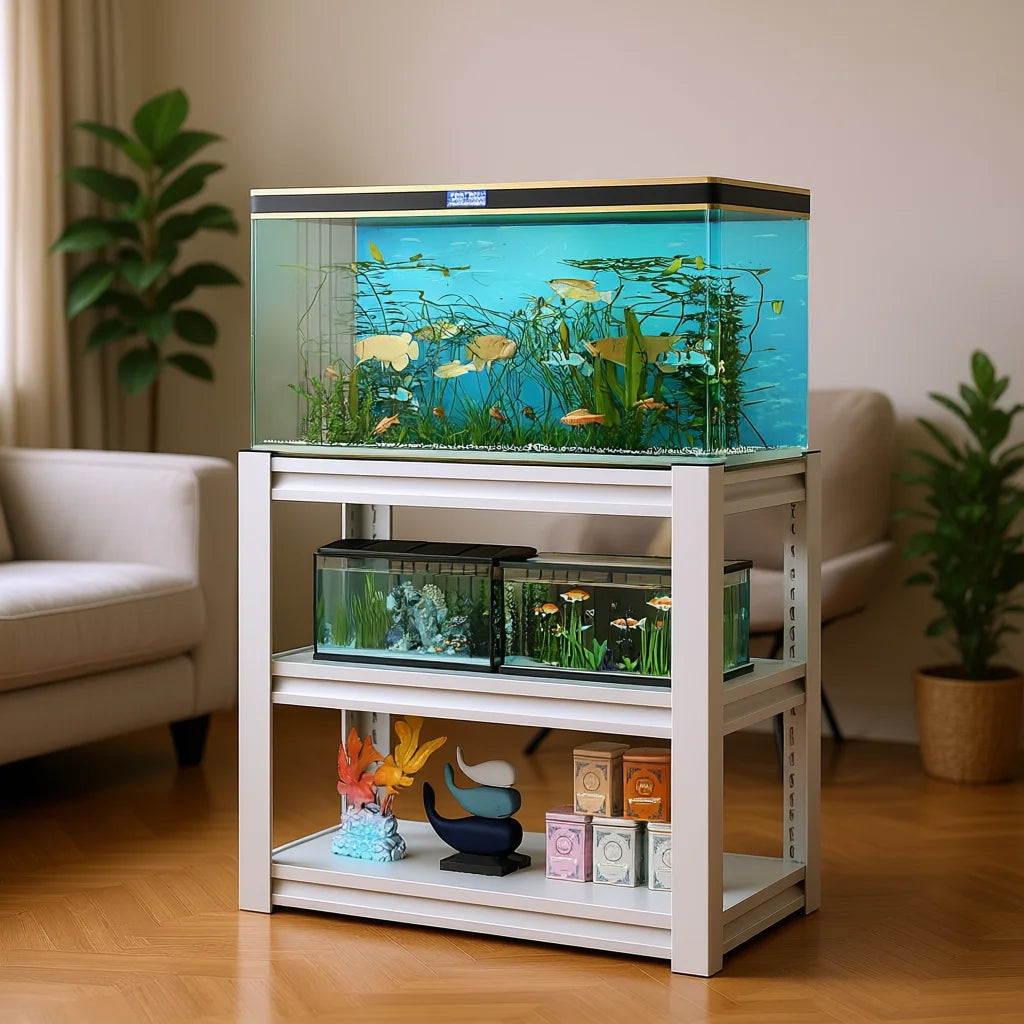 Aquarium Stand 3 Tier Metal Rectangular 20-30 Gallon Adjustable Fish Tank Shelf Antique White Living Room Model D0100XU6CRY