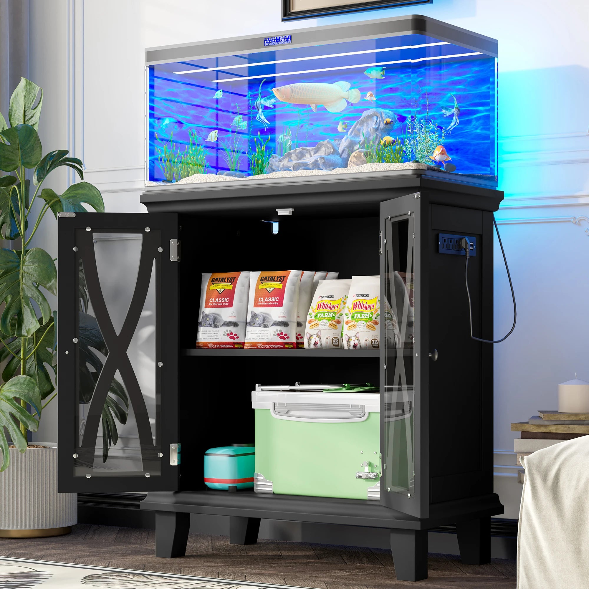 20-Gallon Fish Tank Stand with 25W Power Outlets Farmhouse Decorative Rectangular Aquarium Stand Furniture Adjustable