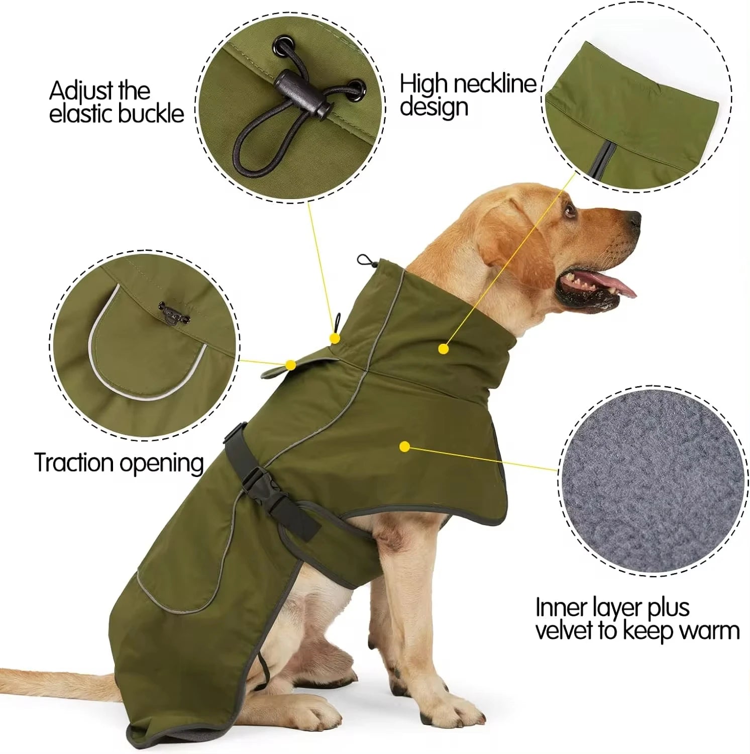 Waterproof Reflective Dog Winter Coat, Fleece Lined Windproof Dog Snow Jacket with Adjustable Buckle, Black / Green