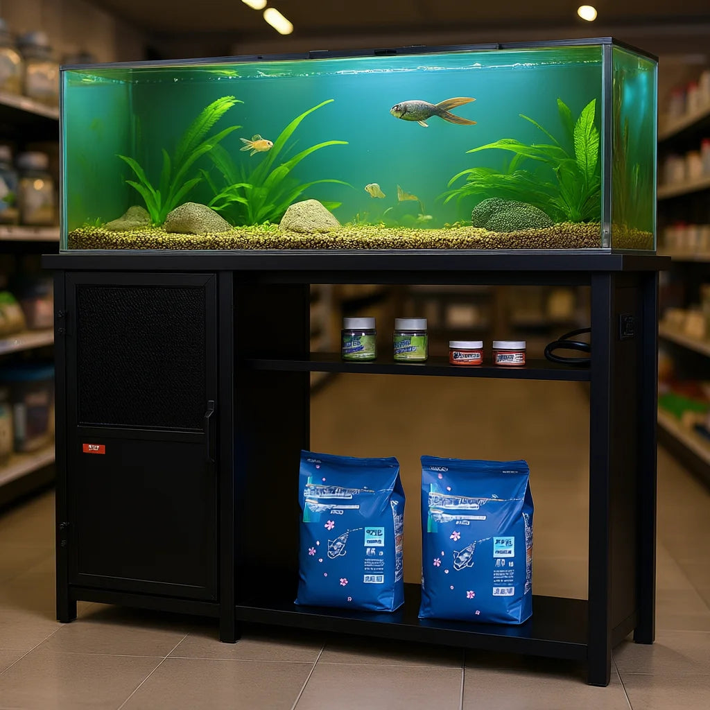 Black Rectangle 75 Gallon Aquarium Stand Steel MDF Modern Design Indoor Use Box Packaging Fish Tank Reptile Turtle Habitat Power