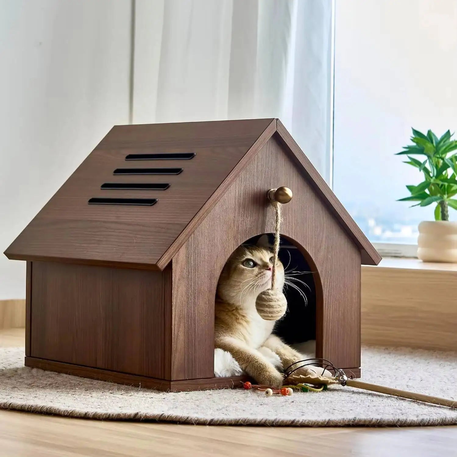 Smile Wood Cat House Small Medium Large Modern Design Indoor Outdoor Pet House With Push Up Closure