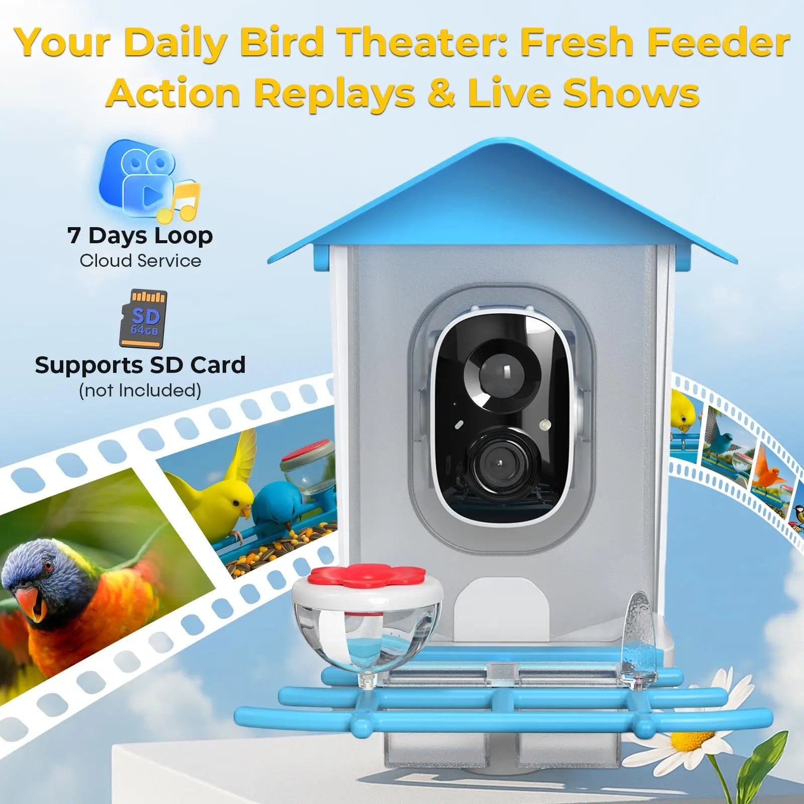 Smart Bird Feeder Camera 2K Live Stream AI Recognition Solar Motion Alert SquirrelProof Sensor Night Vision Weatherproof Outdoor