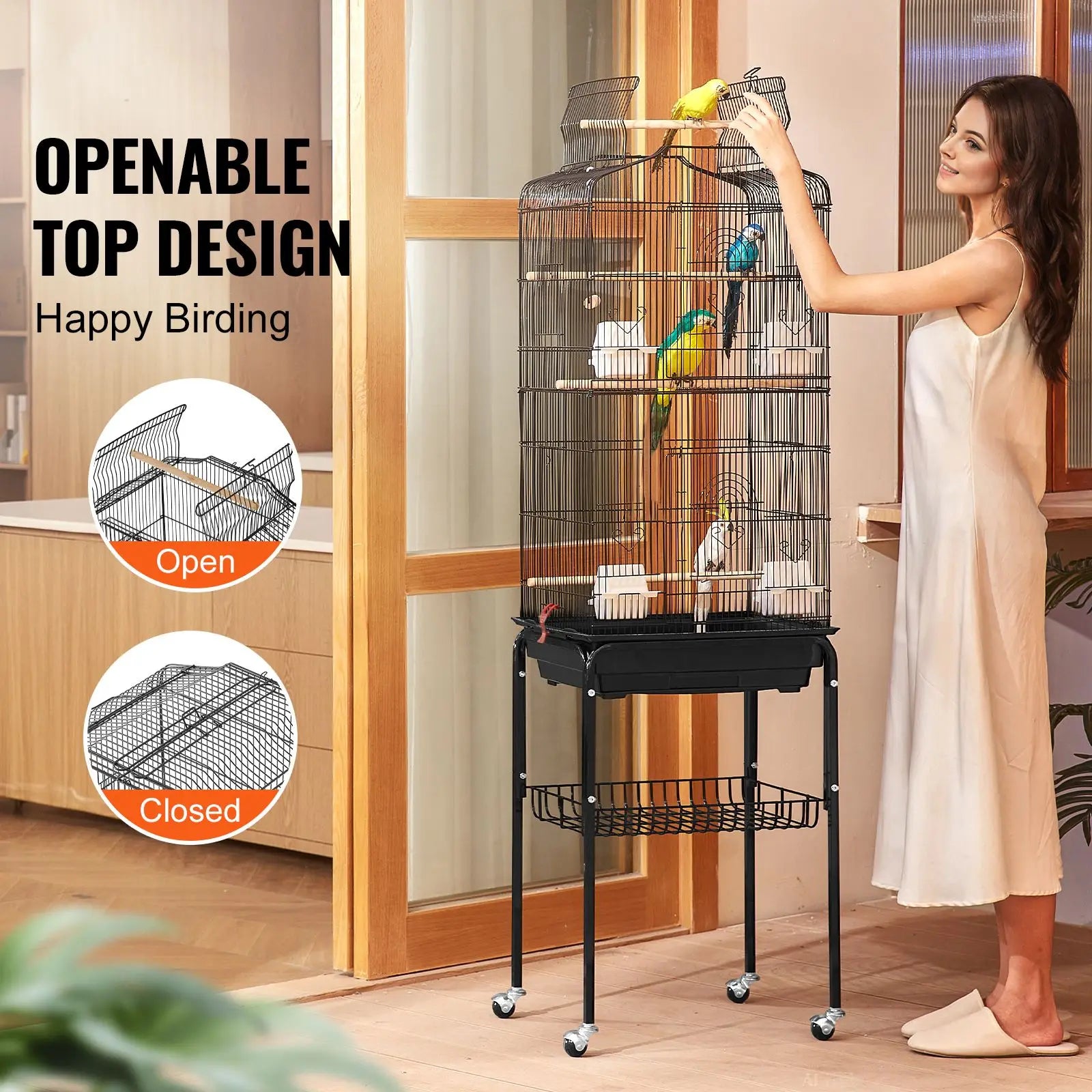 "64 Inch Open Top Large Parrot Cage with Detachable Rolling Stand for Parakeets Finches Canaries Lovebirds Cockatiels"