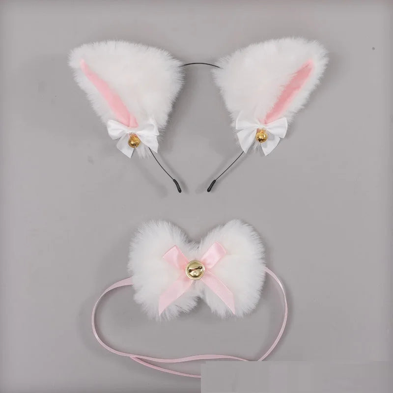 Kawaii Cat Ear Headband Necklace Anime Party Cosplay Costume Lace Bow Bell Collar Plush Headwear Women Girls Hair Accessories