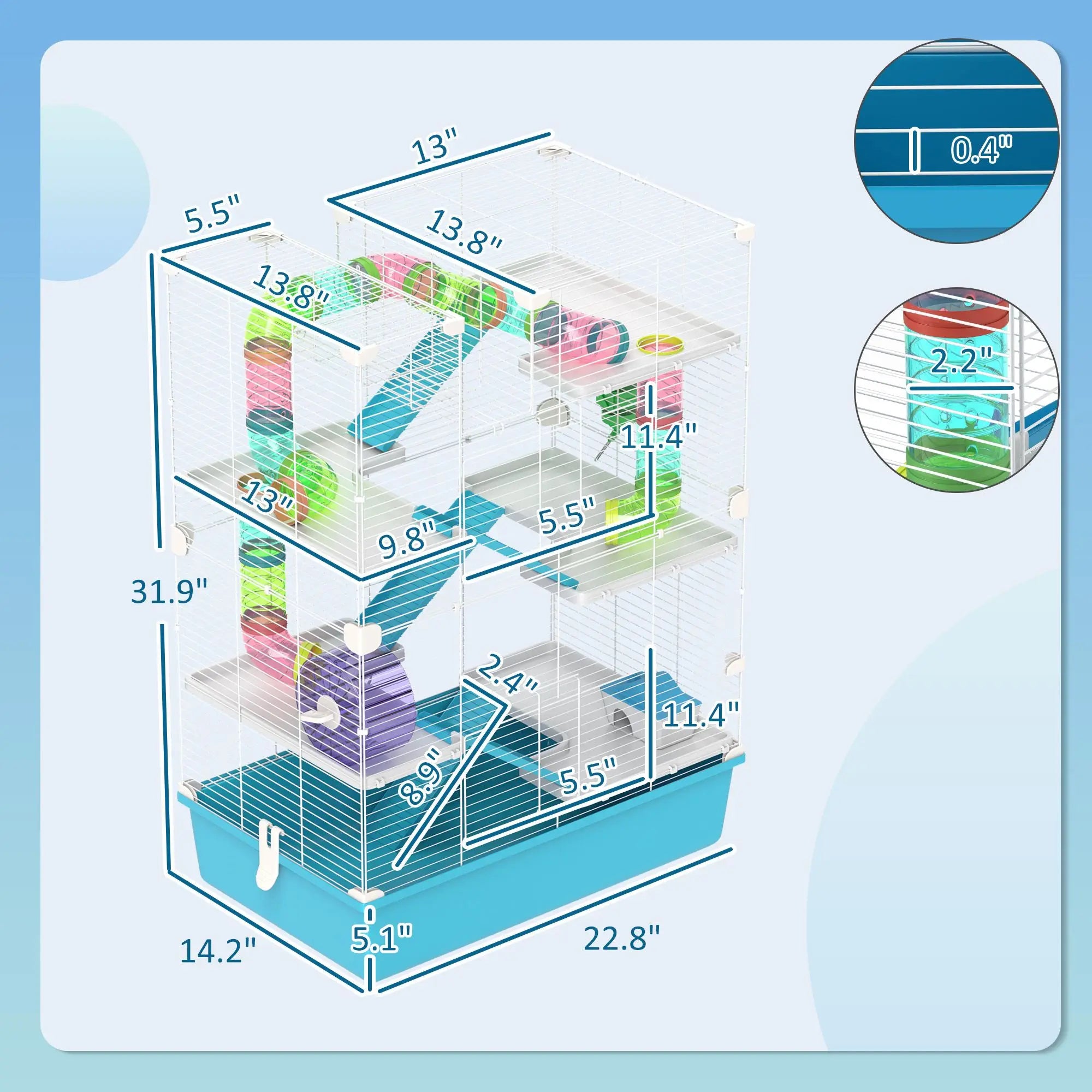 Light Blue 6-Tier Hamster Cage with Tubes Tunnels Hut Wheel Food Dish Water Bottle Ramps for Dwarf Gerbil for Small Animals