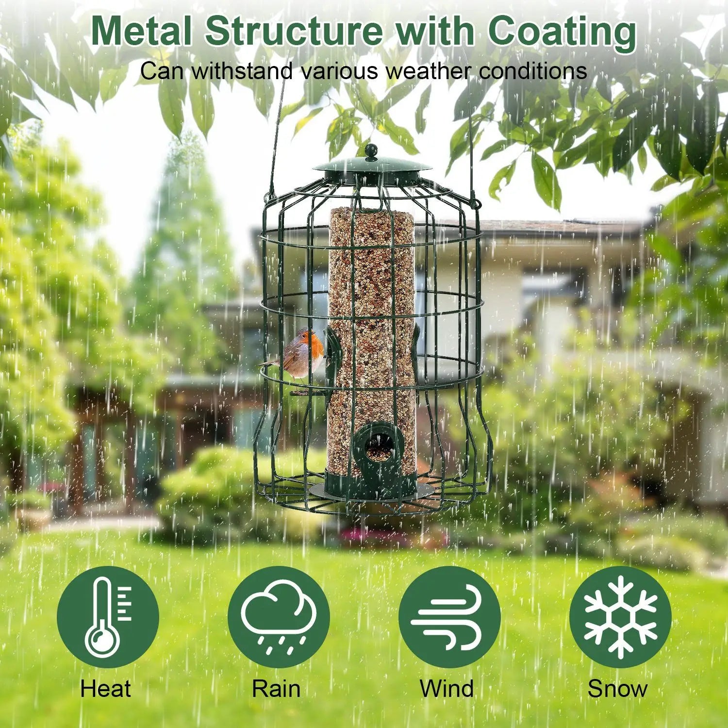 Outdoor Wild Bird Feeder with 4 Feeding Ports Squirrel-Proof Chew-Proof Metal Hanging Seed for Small Songbirds