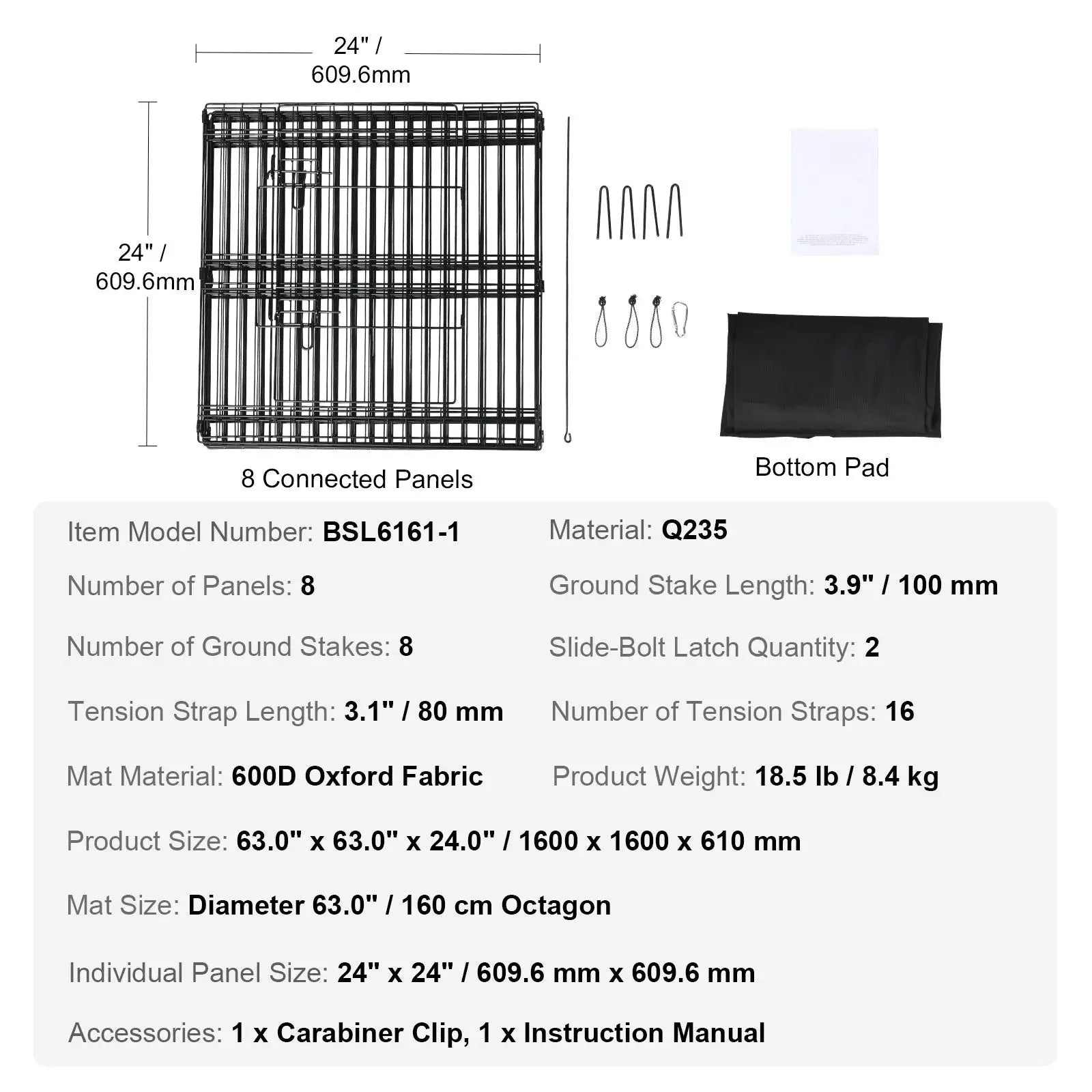 8-Panel Foldable Metal Dog Playpen 24\" H Pet Fence Solid Pattern for Cats Kennel with Ground Stakes Included