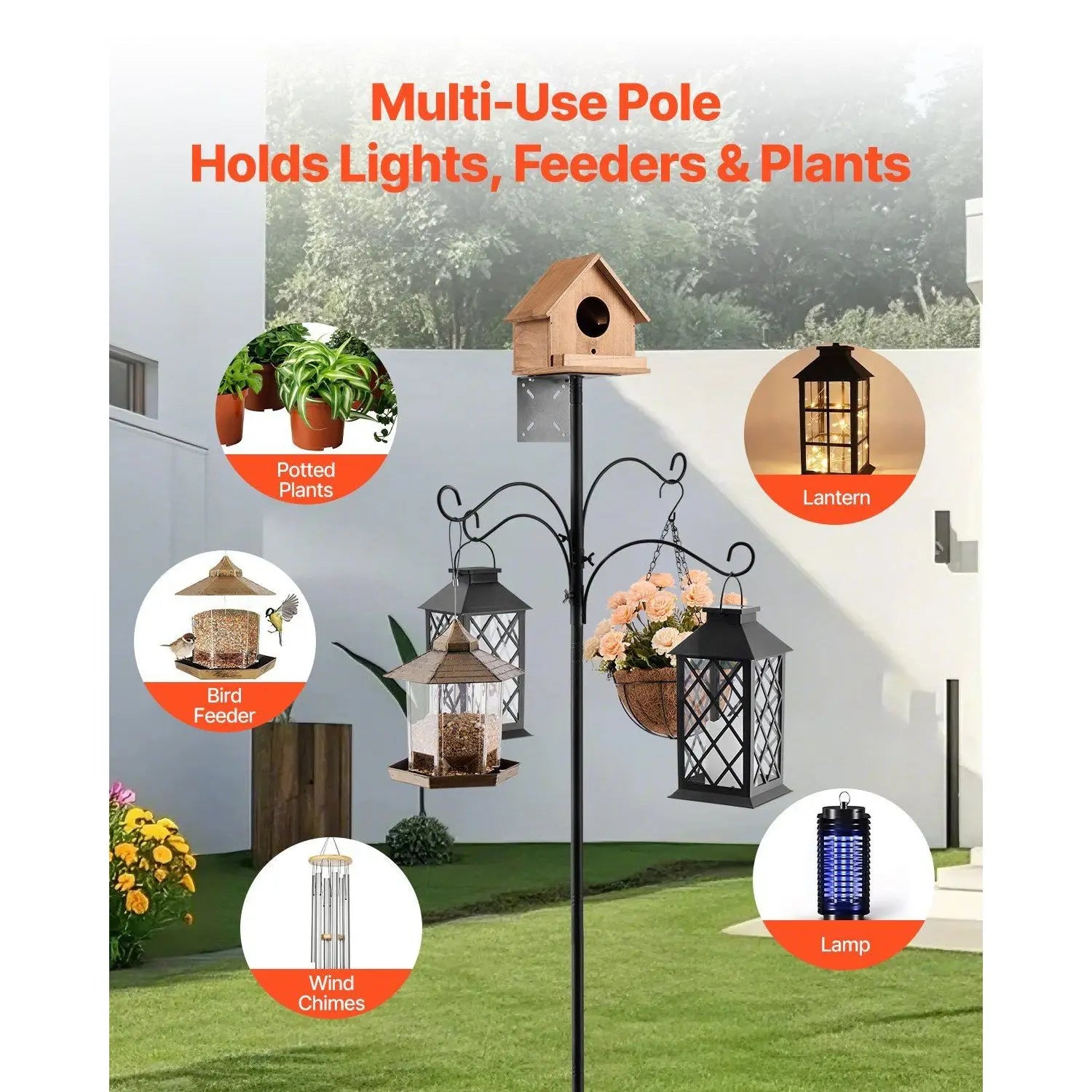 4-Hook 92-Inch Wild Bird Feeder Stand Pole 31/32 Inch Diameter Bird House Hanging Hooks Squirrel Proof Bird Feeding Station Kit
