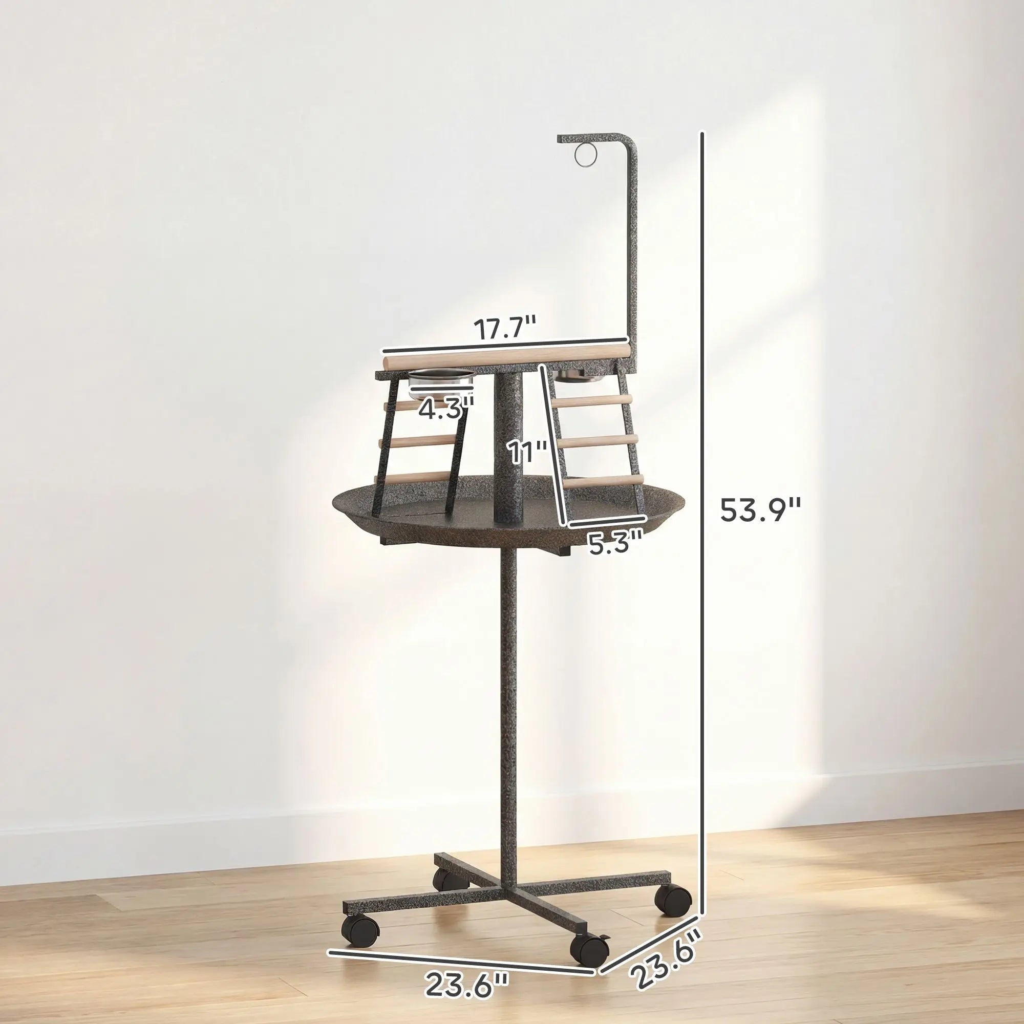 Classic Style Stainless Steel Bird Stand with Wheels Round Tray and Dark Gray Feed Bowls for Indoor and Outdoor Parrot Play