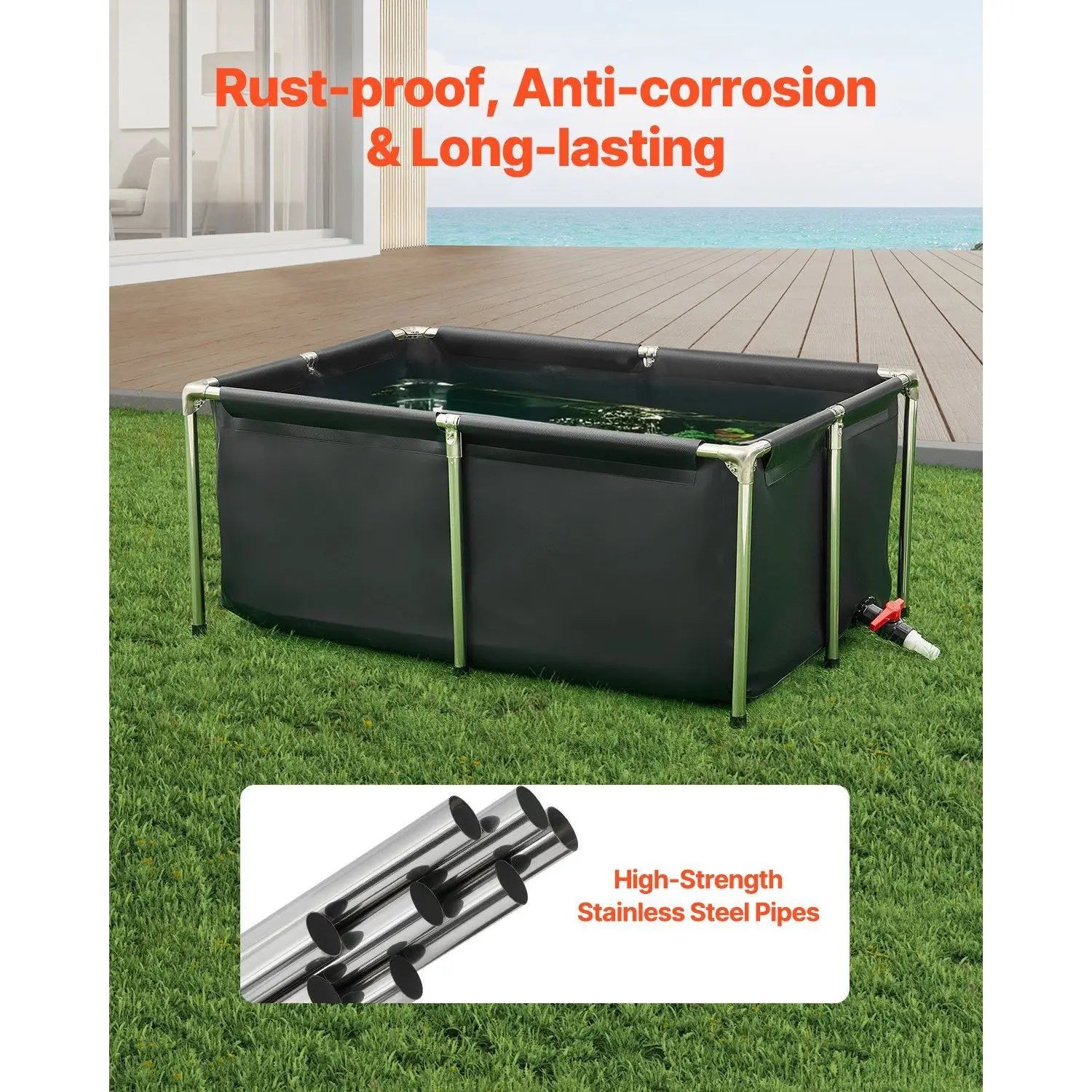 Canvas 126.8 Gal Rectangular Goldfish Tank Foldable PVC Above Ground Fish Pond with Stable Frame & Drain Aquarium Accessory