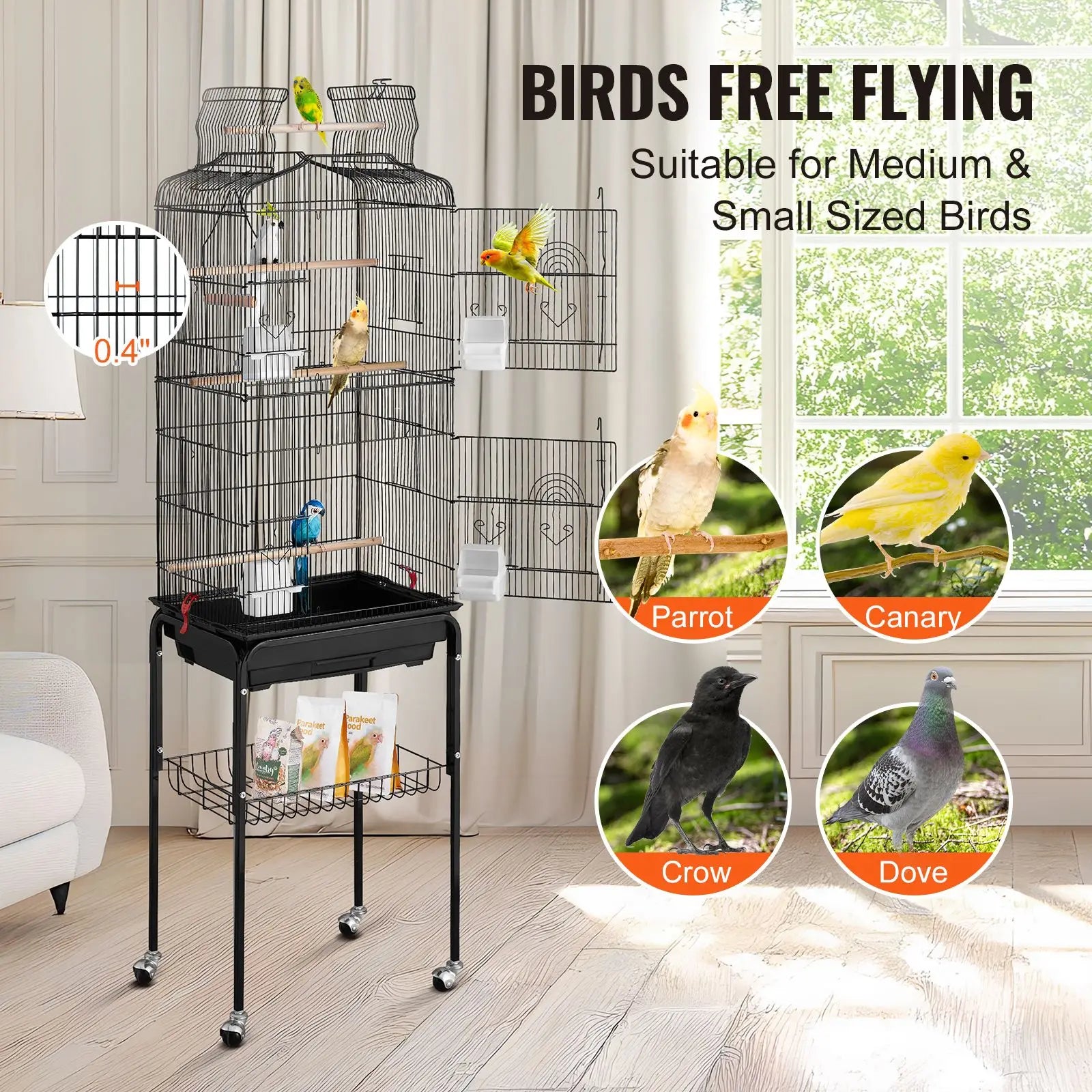 "64 Inch Open Top Large Parrot Cage with Detachable Rolling Stand for Parakeets Finches Canaries Lovebirds Cockatiels"