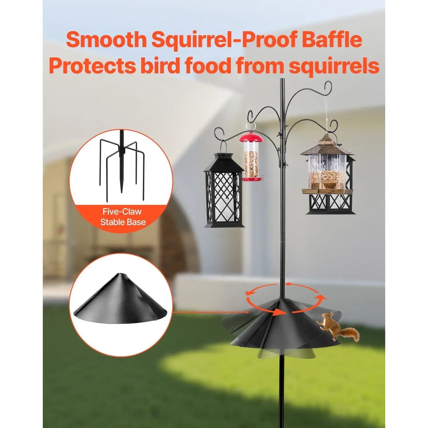 4-Hook 92-Inch Wild Bird Feeder Stand Pole 31/32 Inch Diameter Bird House Hanging Hooks Squirrel Proof Bird Feeding Station Kit
