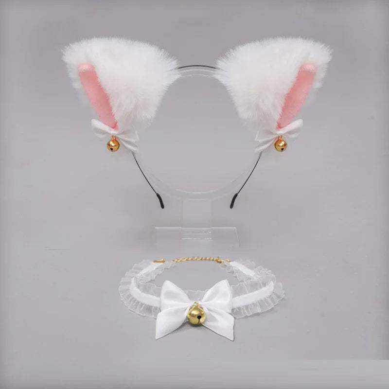 Kawaii Cat Ear Headband Necklace Anime Party Cosplay Costume Lace Bow Bell Collar Plush Headwear Women Girls Hair Accessories