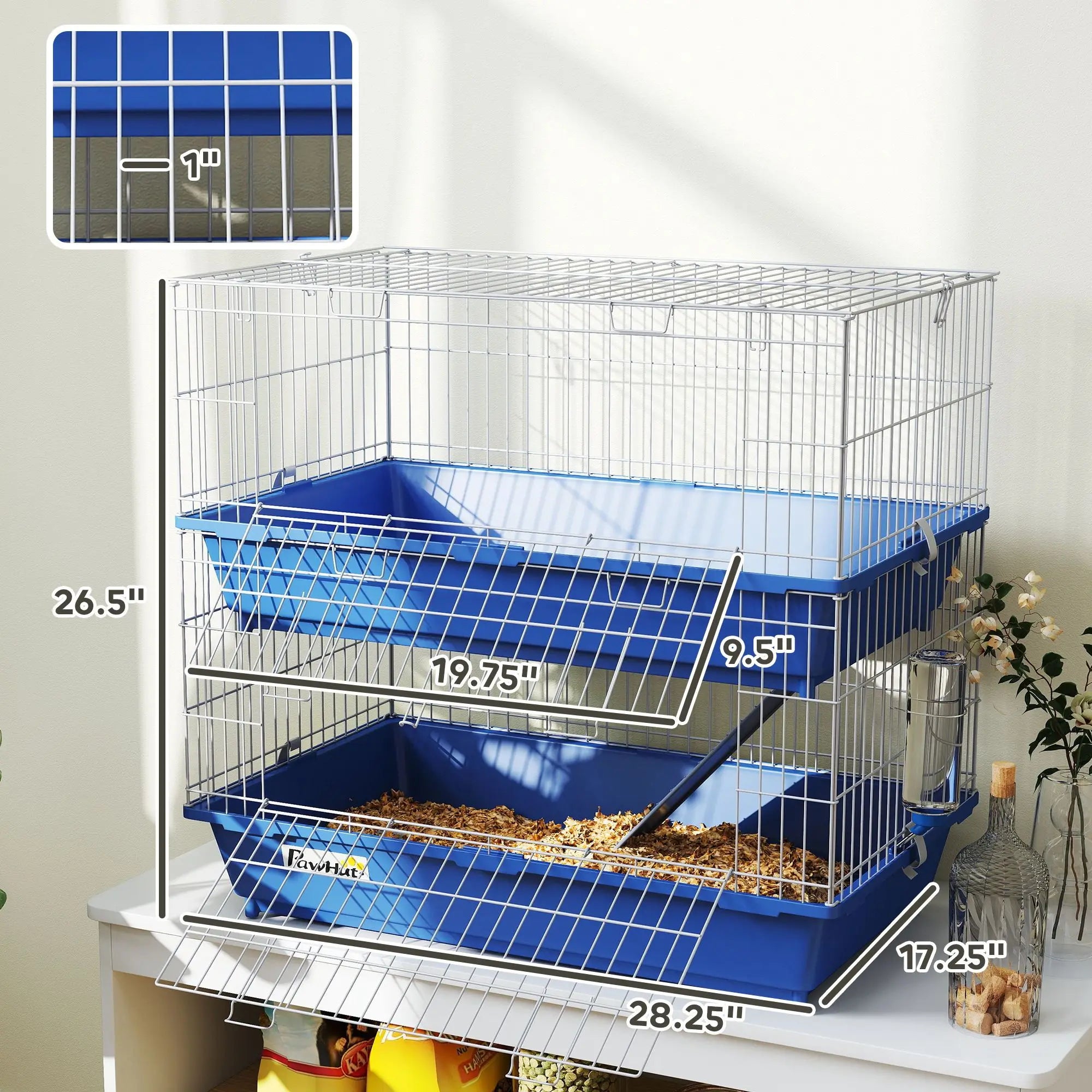 2-Tier Small Animal Cage XL Size for Guinea Pigs Ferrets Chinchillas Deep Bottoms Ram Durable Acrylic Indoor Dish Bottle 2 Doors