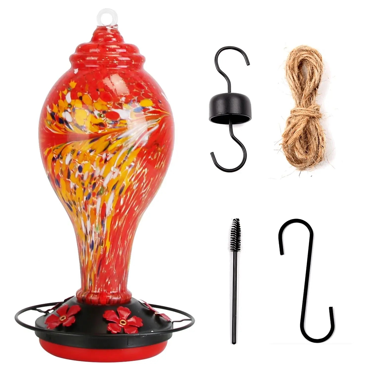 Hand Blown 33OZ Glass Hummingbird Feeder with 5 Flower Feeding Ports Perch Ant Moat & S Hook Hemp for Bird Supplies