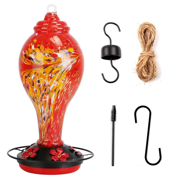 Hand Blown 33OZ Glass Hummingbird Feeder with 5 Flower Feeding Ports Perch Ant Moat & S Hook Hemp for Bird Supplies