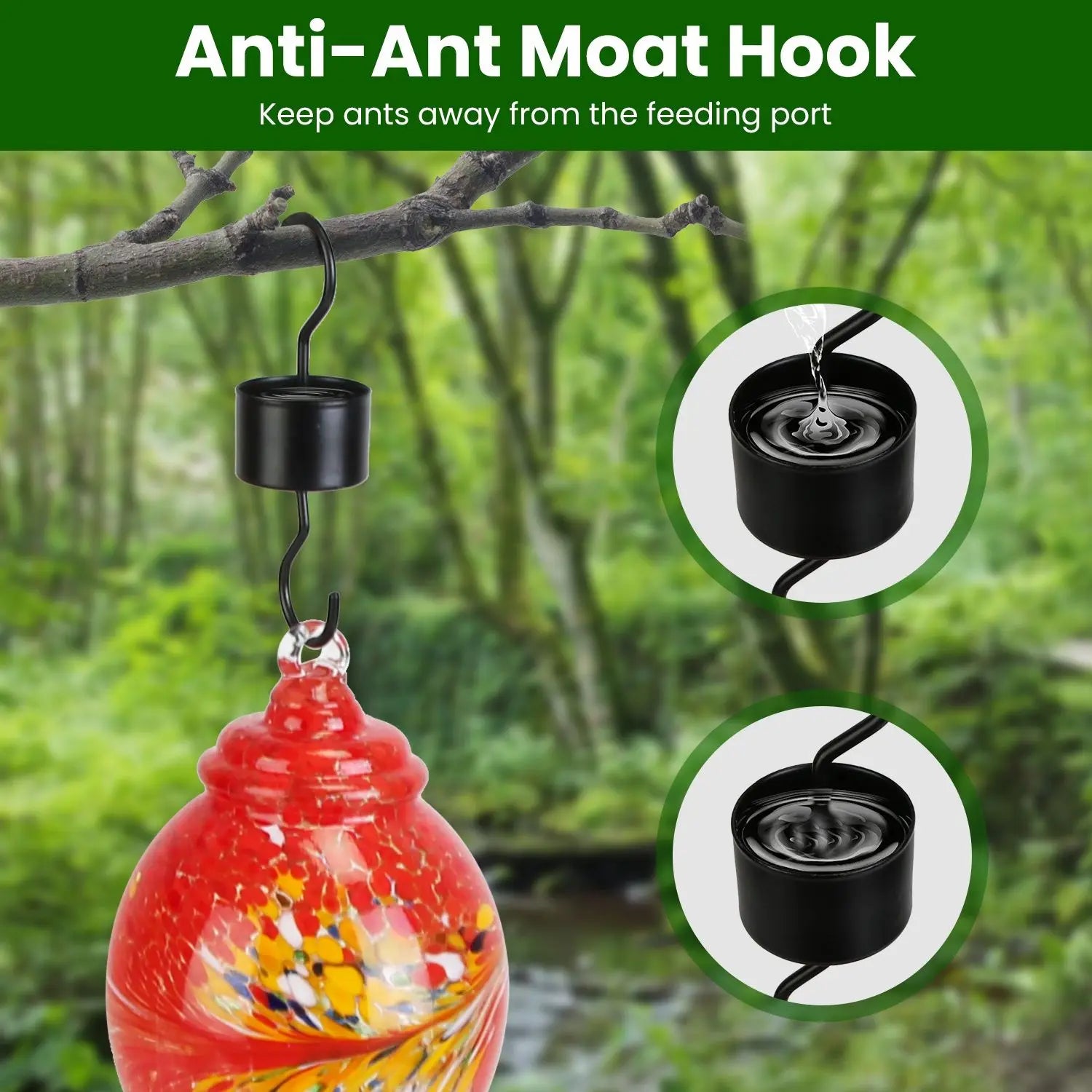 Hand Blown 33OZ Glass Hummingbird Feeder with 5 Flower Feeding Ports Perch Ant Moat & S Hook Hemp for Bird Supplies