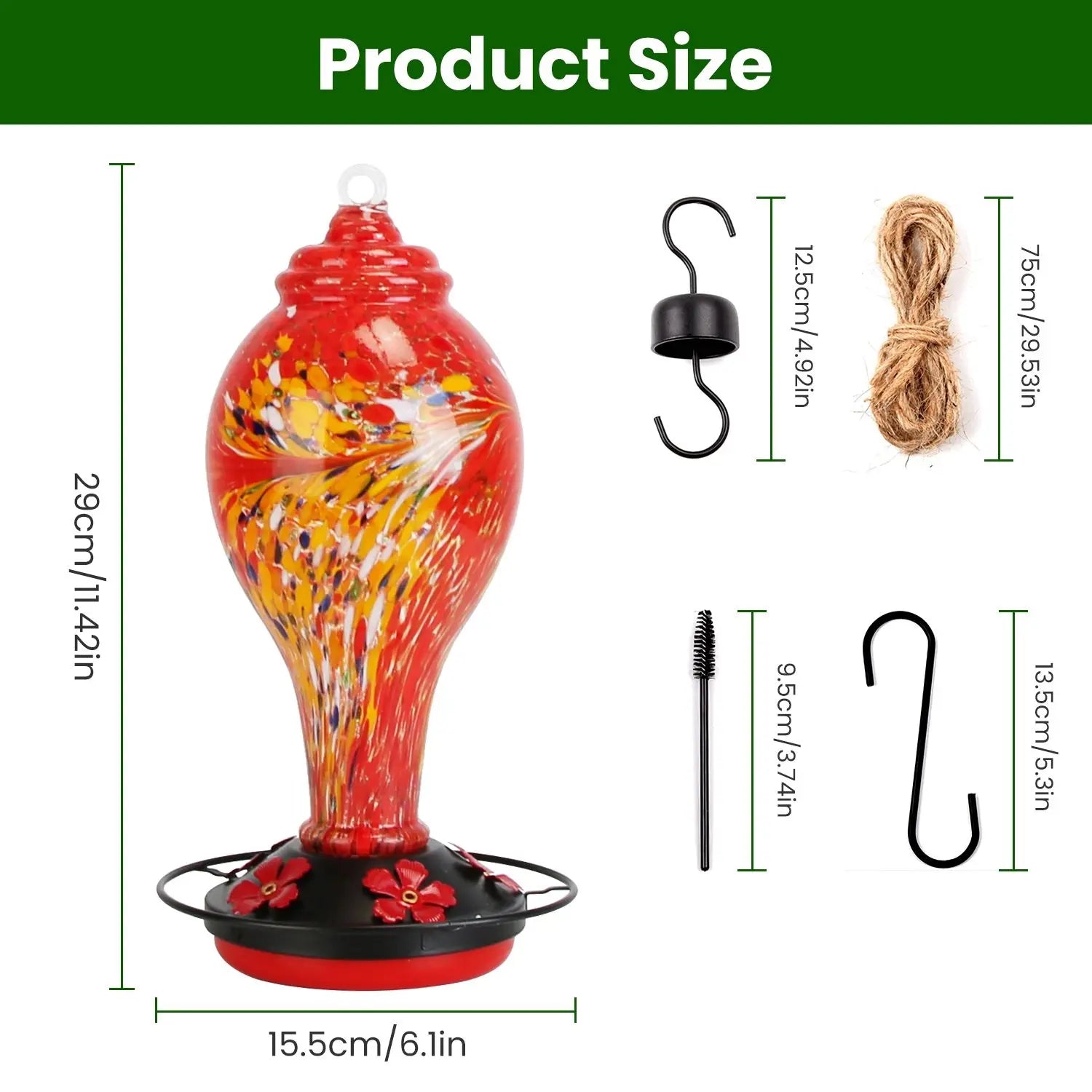 Hand Blown 33OZ Glass Hummingbird Feeder with 5 Flower Feeding Ports Perch Ant Moat & S Hook Hemp for Bird Supplies