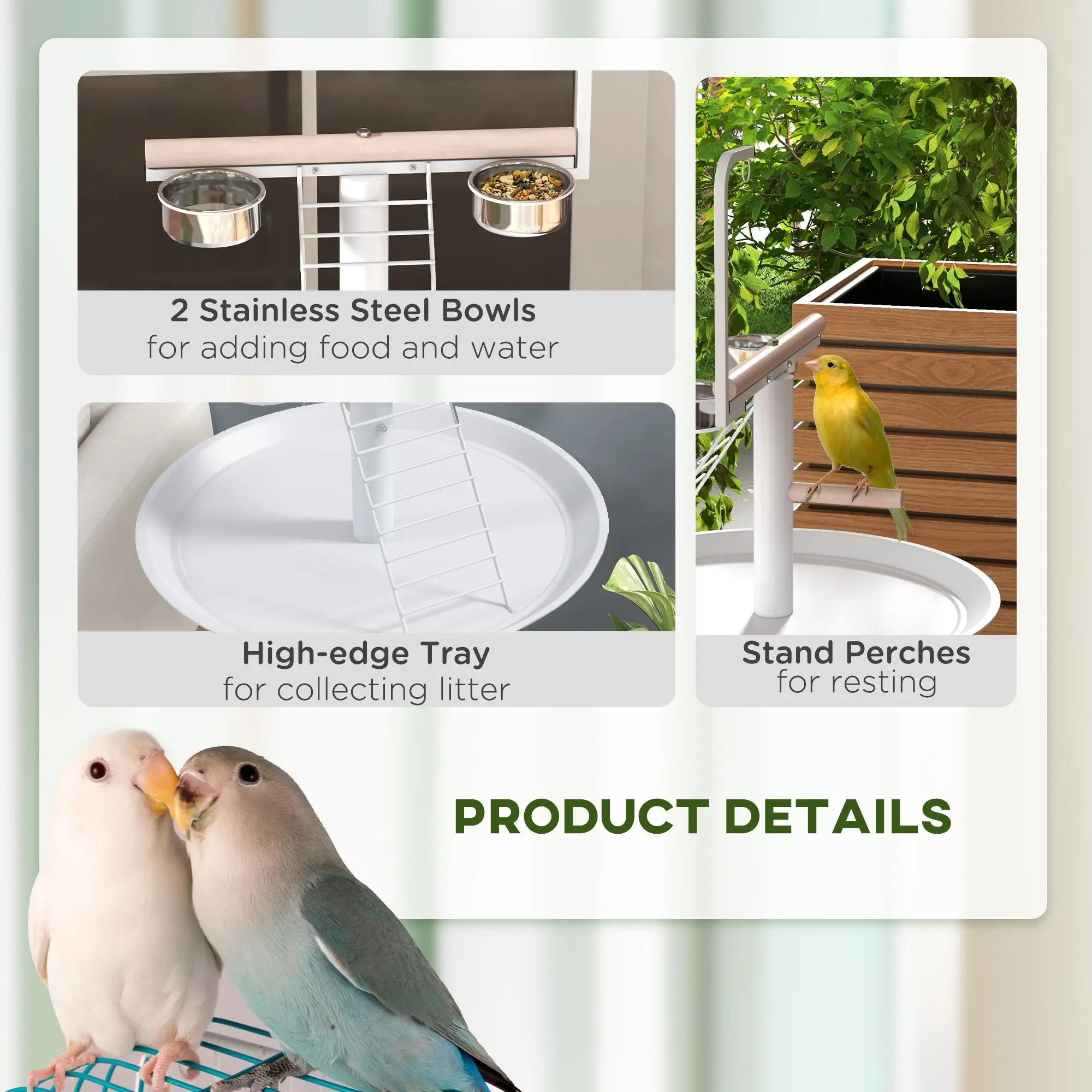 Modern Stainless Steel Bird Feeder Stand with Wheels Perches Feed Bowls Round Tray for Parrots and Bird Toys
