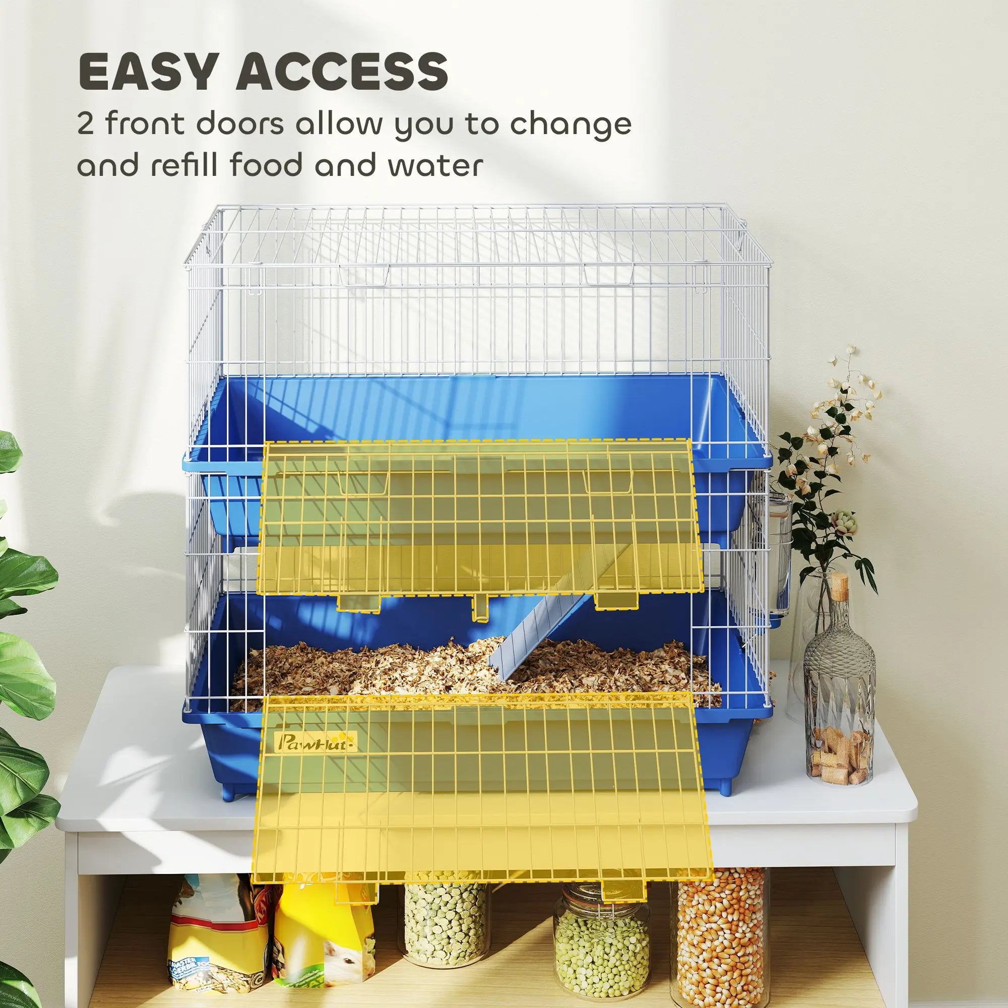 2-Tier Small Animal Cage XL Size for Guinea Pigs Ferrets Chinchillas Deep Bottoms Ram Durable Acrylic Indoor Dish Bottle 2 Doors
