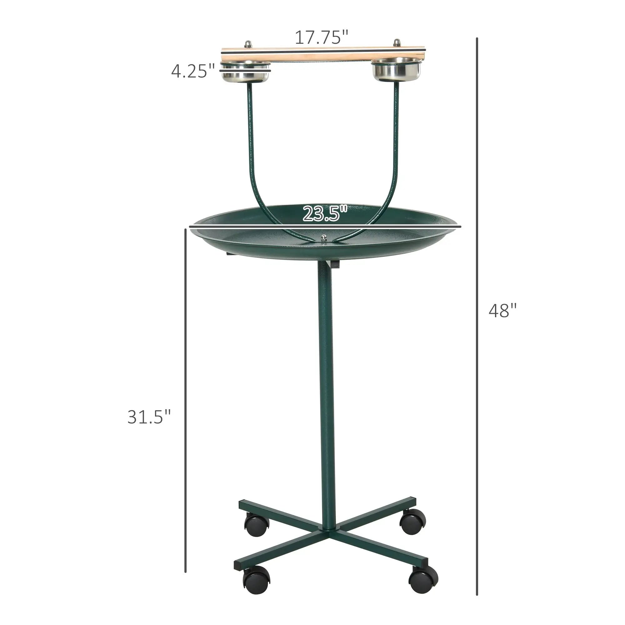 Durable 49 Bird Play Stand with Wheels Stainless Steel T Stand Training Playground Classic Metal Bird Cage with Perch Bowls