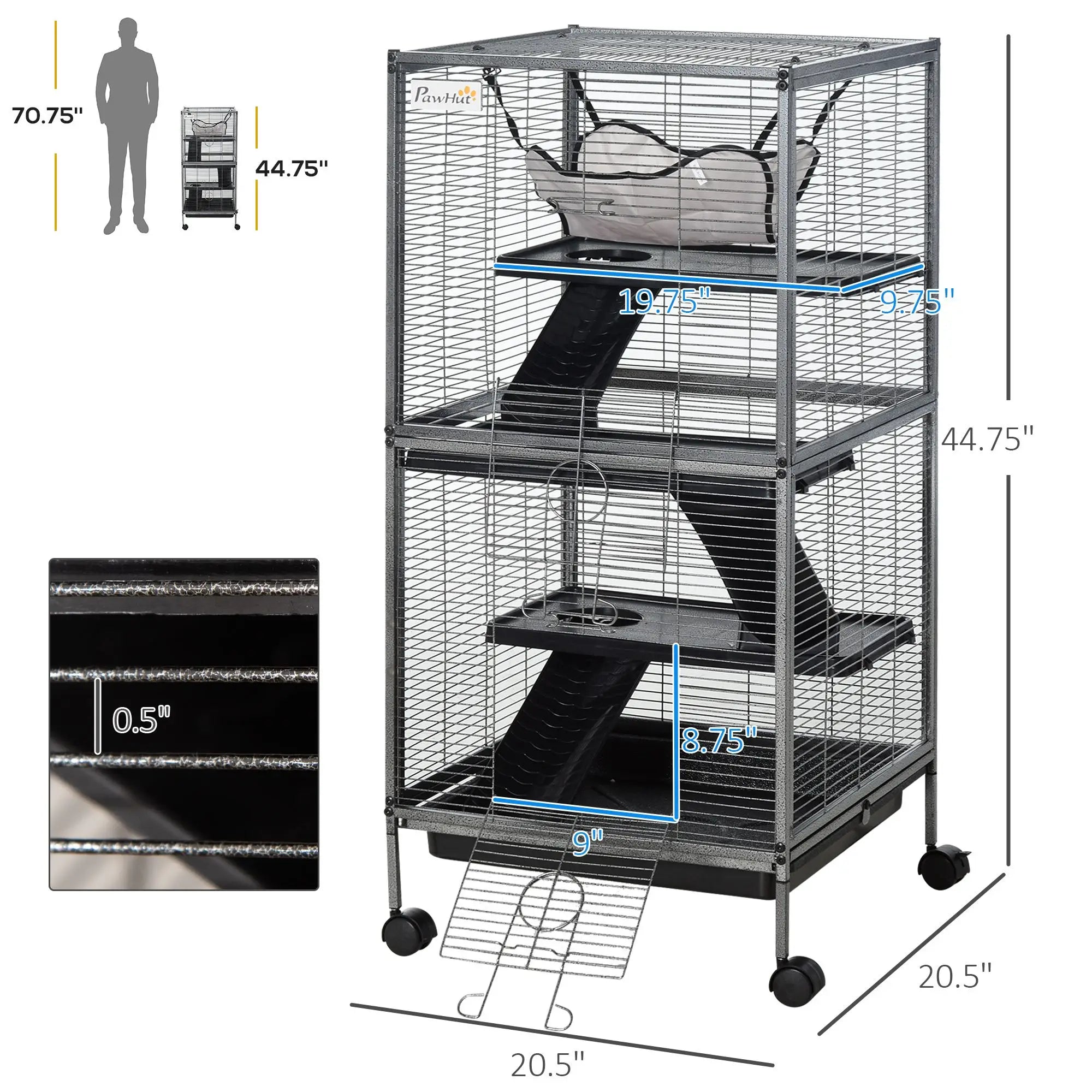 "Extra Large Metal Cage for Ferrets & Chinchillas 4-Tier with Hammock & Removable Tray Gray"