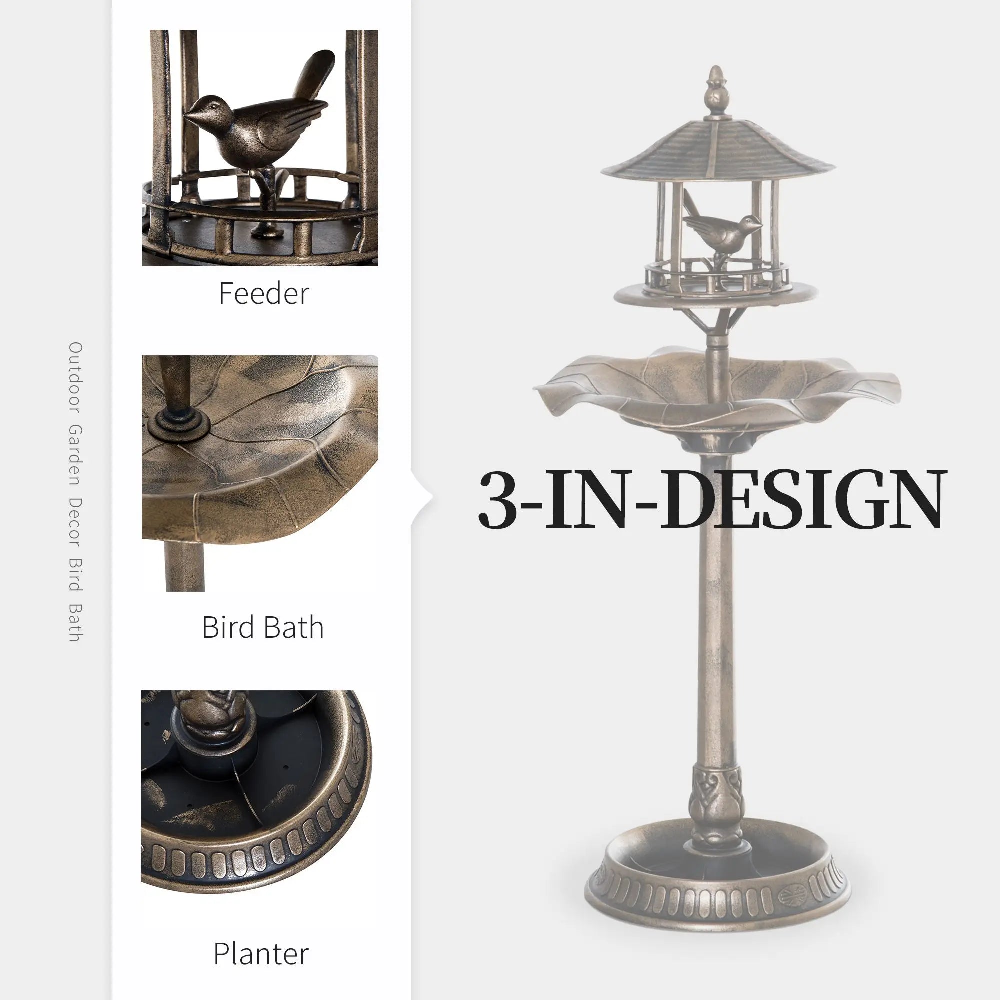 3-in-1 Bronze Garden Bird Supplies Large Water Basin Bird Bath Bowl Pedestal with Flower Planter Bird Feeder Model D0100XUF17G