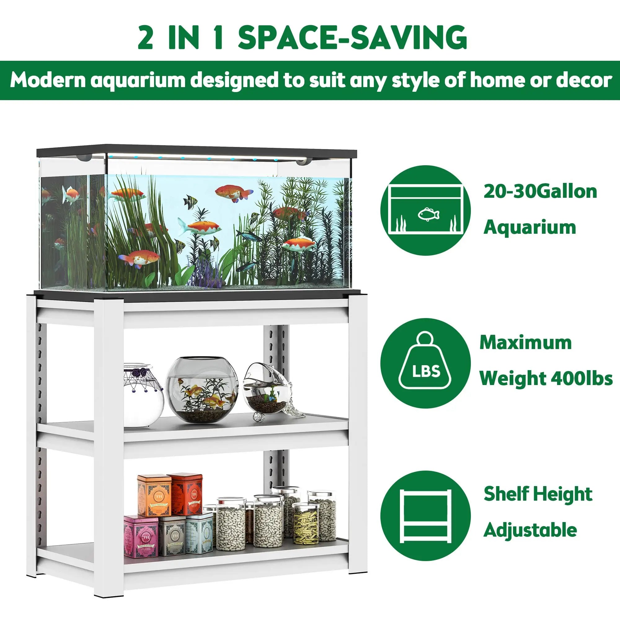 Aquarium Stand 3 Tier Metal Rectangular 20-30 Gallon Adjustable Fish Tank Shelf Antique White Living Room Model D0100XU6CRY