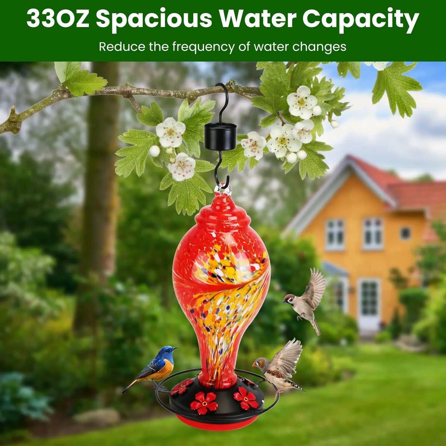Hand Blown 33OZ Glass Hummingbird Feeder with 5 Flower Feeding Ports Perch Ant Moat & S Hook Hemp for Bird Supplies