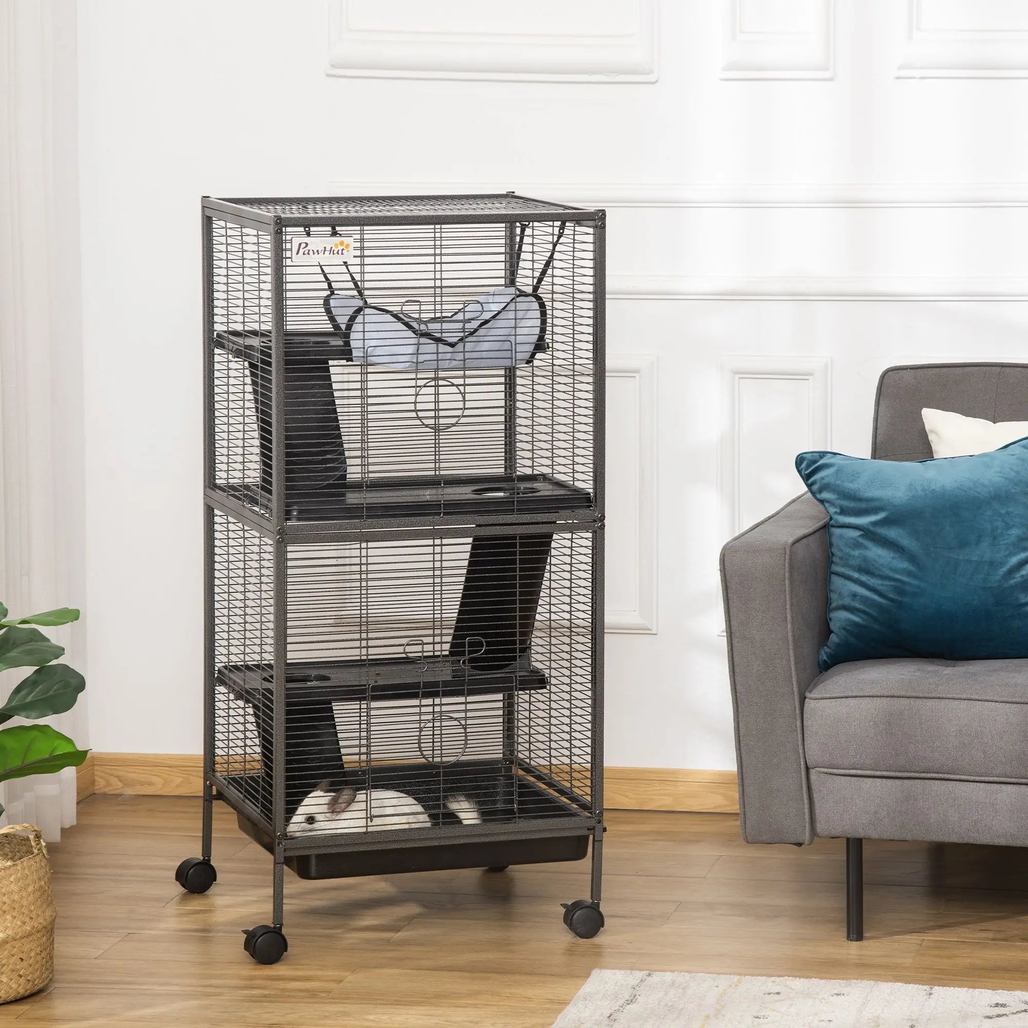 "Extra Large Metal Cage for Ferrets & Chinchillas 4-Tier with Hammock & Removable Tray Gray"