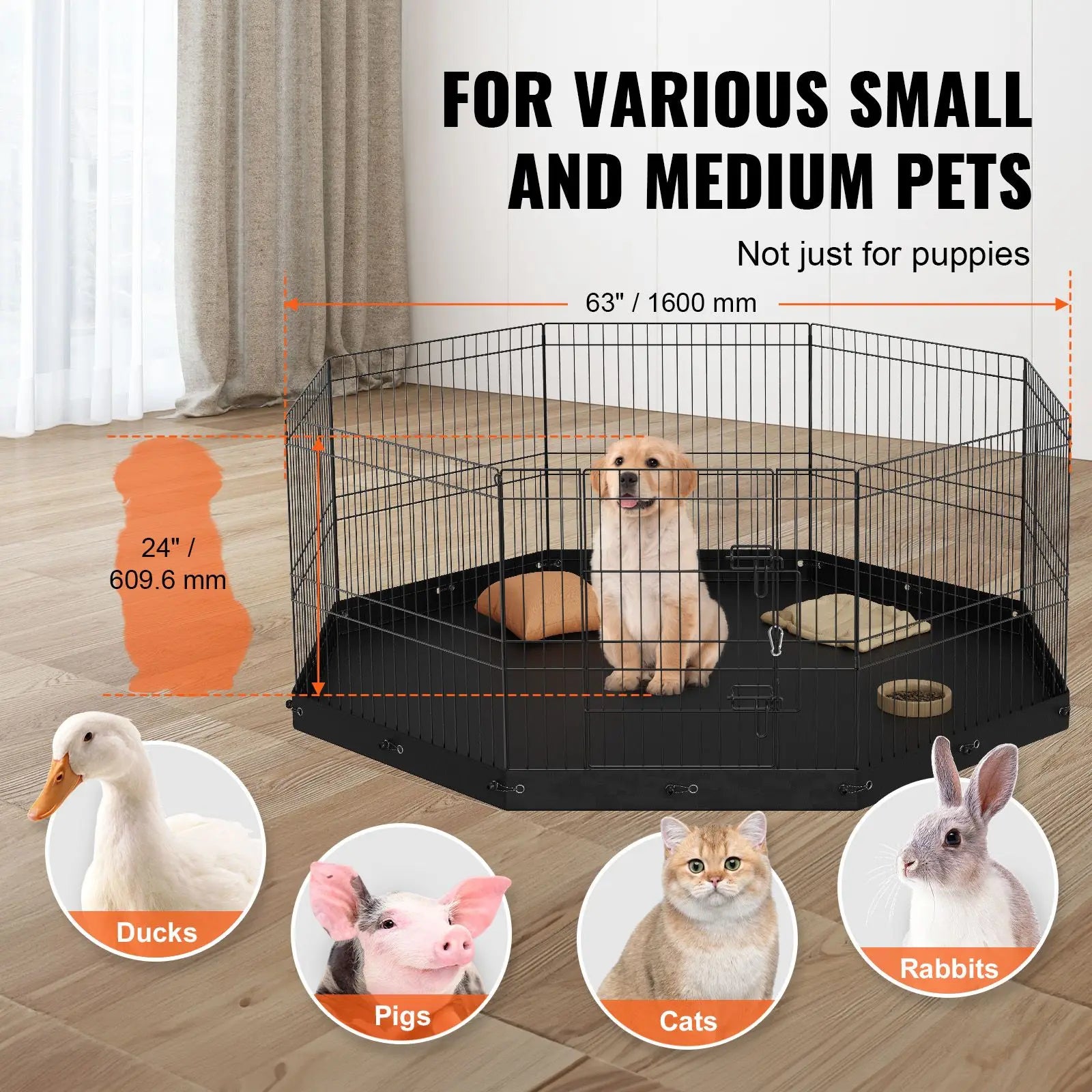 8-Panel Foldable Metal Dog Playpen 24\" H Pet Fence Solid Pattern for Cats Kennel with Ground Stakes Included