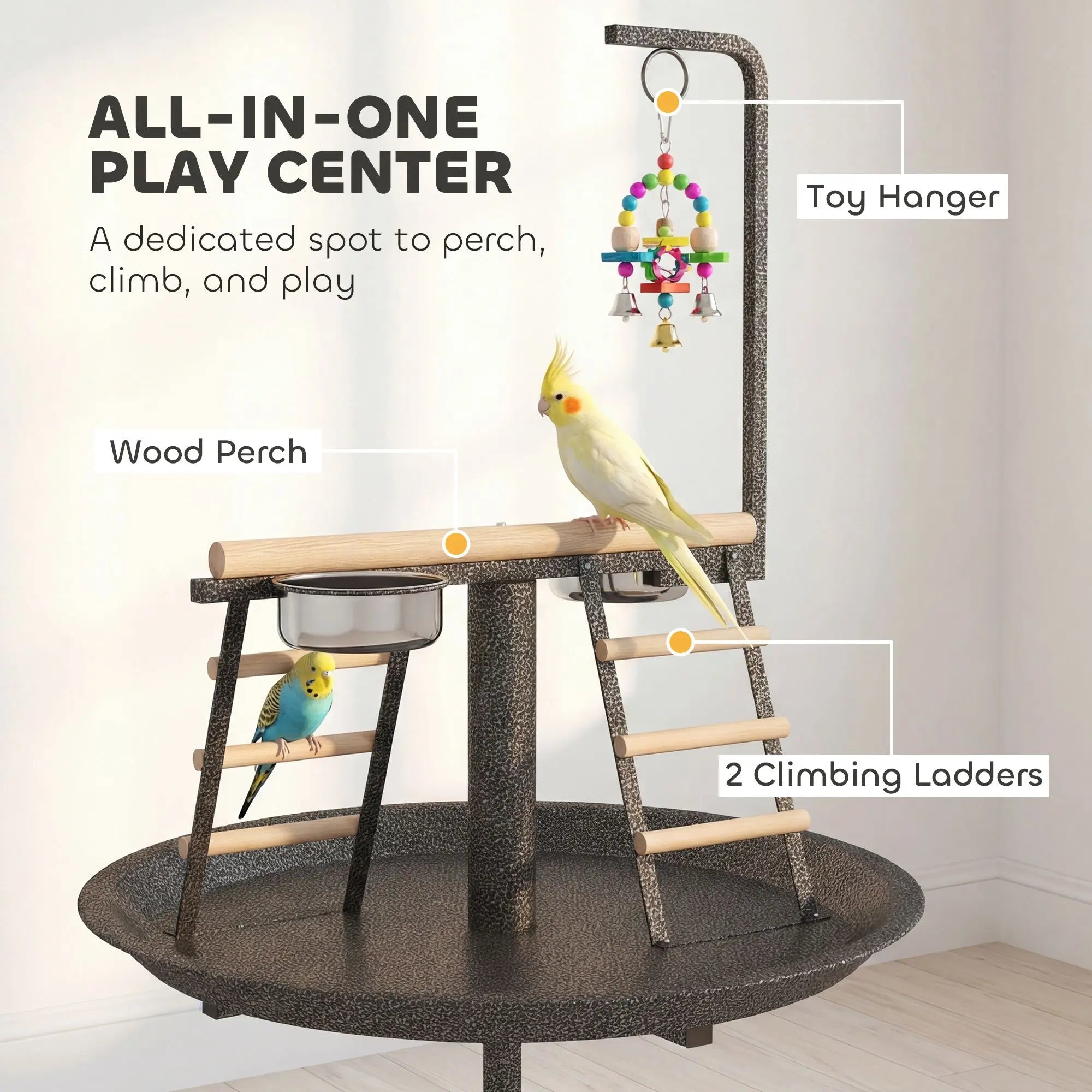 Classic Style Stainless Steel Bird Stand with Wheels Round Tray and Dark Gray Feed Bowls for Indoor and Outdoor Parrot Play