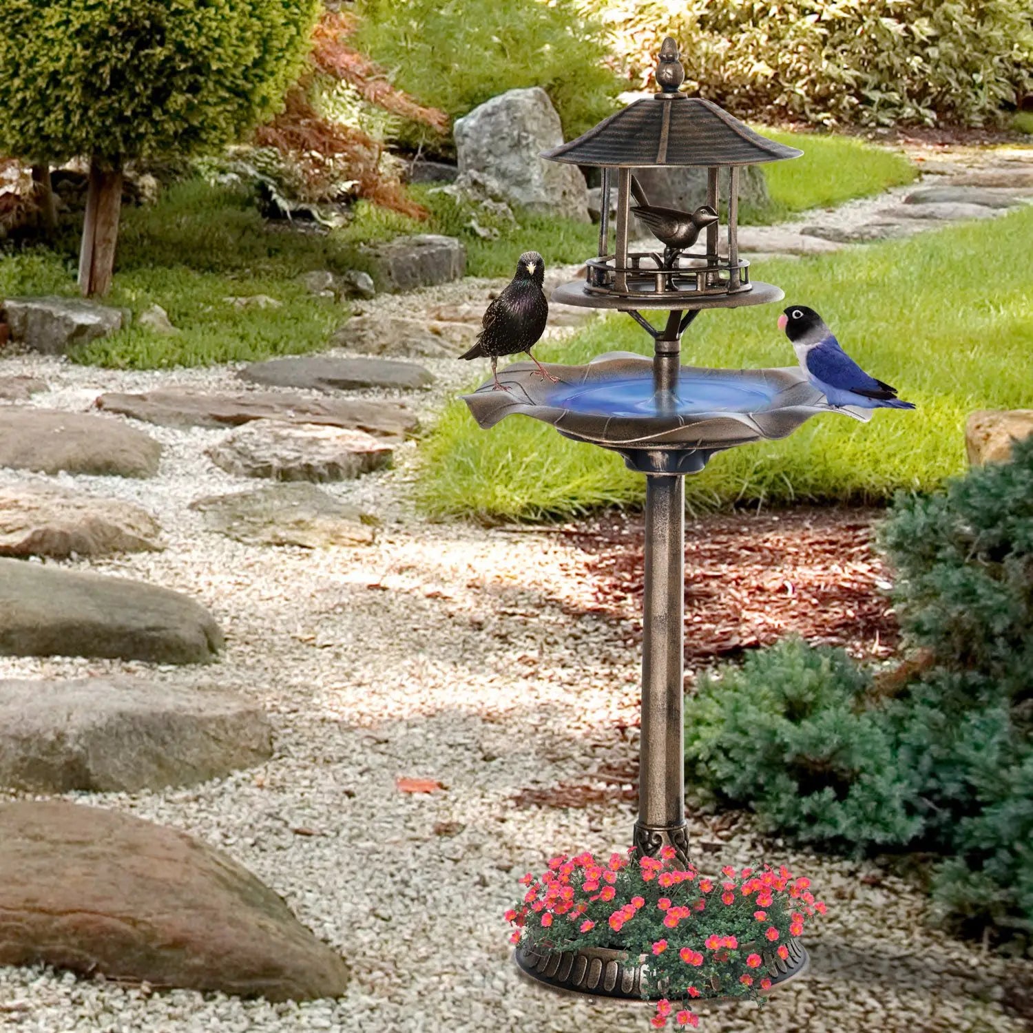 3-in-1 Bronze Garden Bird Supplies Large Water Basin Bird Bath Bowl Pedestal with Flower Planter Bird Feeder Model D0100XUF17G
