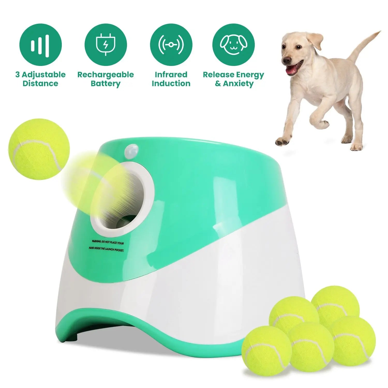 Automatic Green Dog Ball Launcher 6 Tennis Balls 3 Adjustable Launch Distance Interactive Fetch Machine Pet Movement Toys