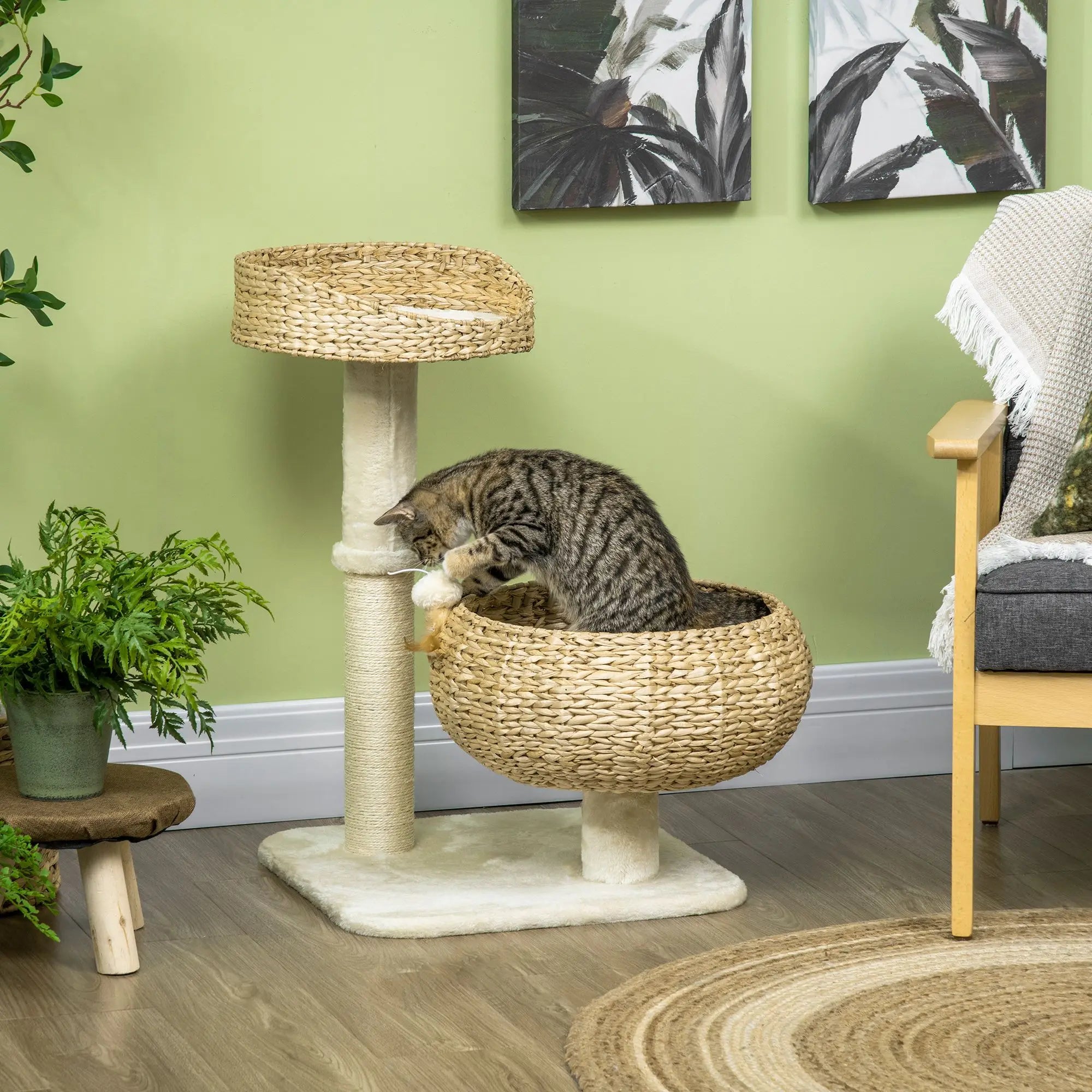 28\" Modern Cat Tree with Elevated Bed and Sisal Scratching Post Cute Basket Design for Indoor Kitties and Small Cats