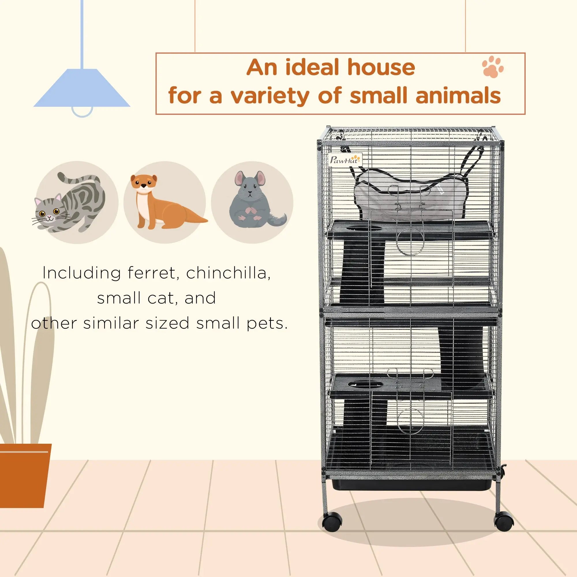 "Extra Large Metal Cage for Ferrets & Chinchillas 4-Tier with Hammock & Removable Tray Gray"