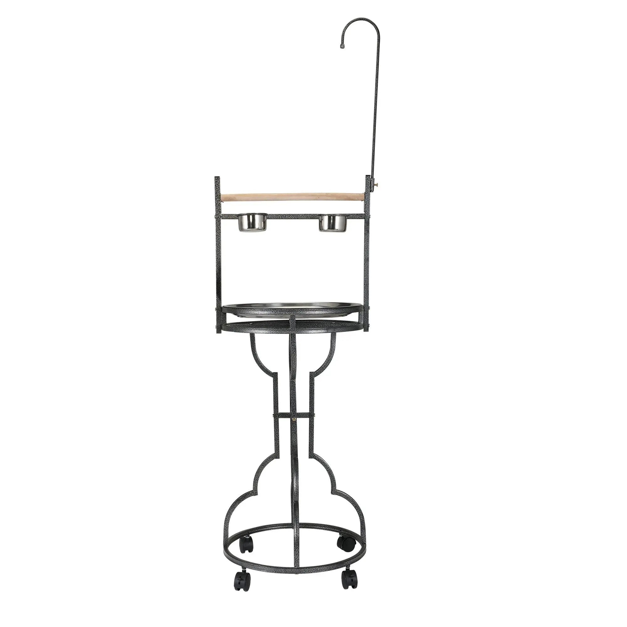 Black XH Bird Stand Rack with Solid Wood Perch Feeding Bowls Waste Tray Toy Hook Includes Casters-Bird Supplies
