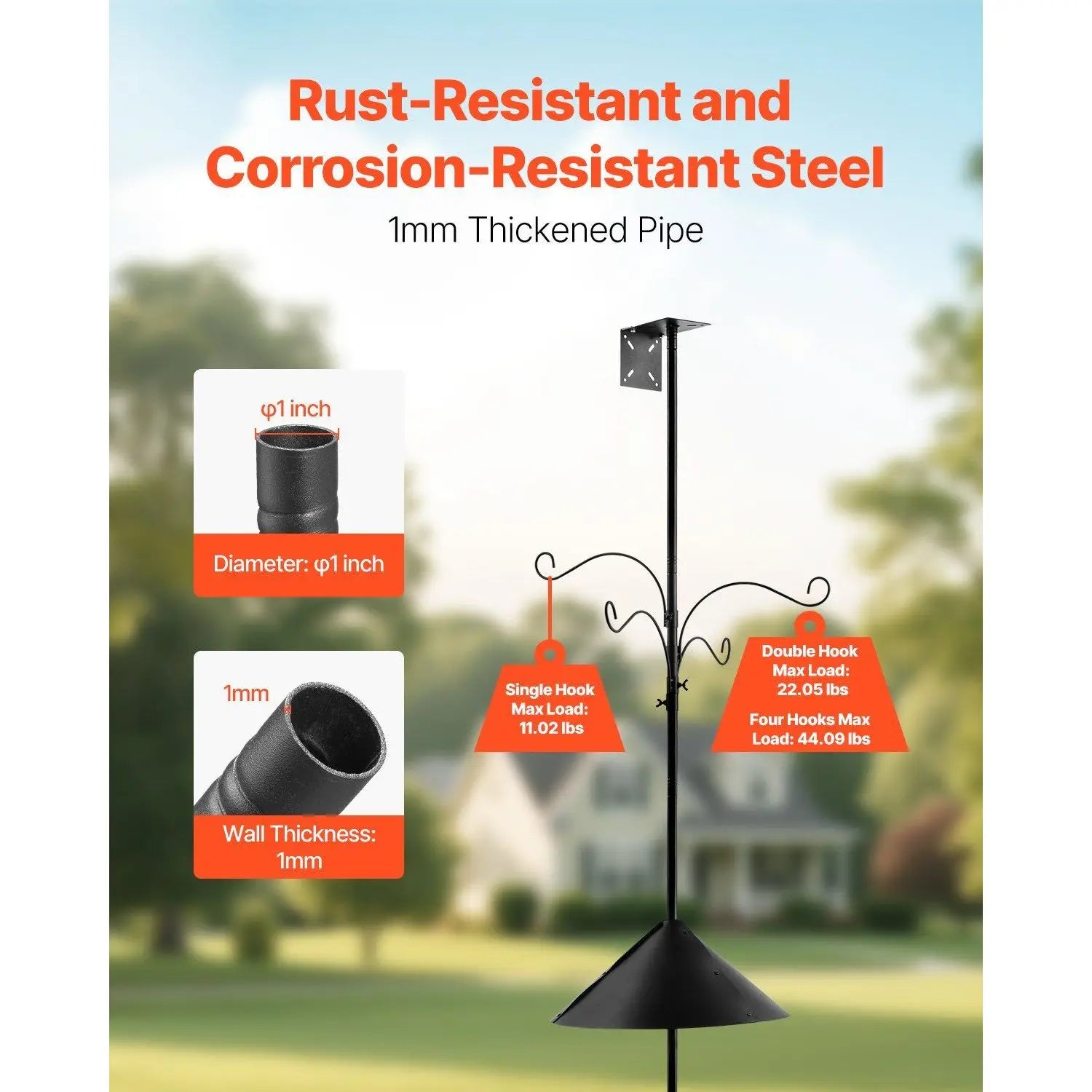 4-Hook 92-Inch Wild Bird Feeder Stand Pole 31/32 Inch Diameter Bird House Hanging Hooks Squirrel Proof Bird Feeding Station Kit
