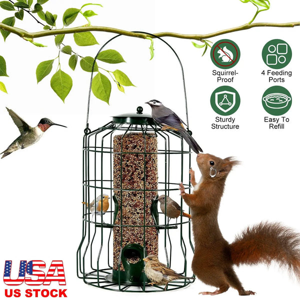 Outdoor Wild Bird Feeder with 4 Feeding Ports Squirrel-Proof Chew-Proof Metal Hanging Seed for Small Songbirds