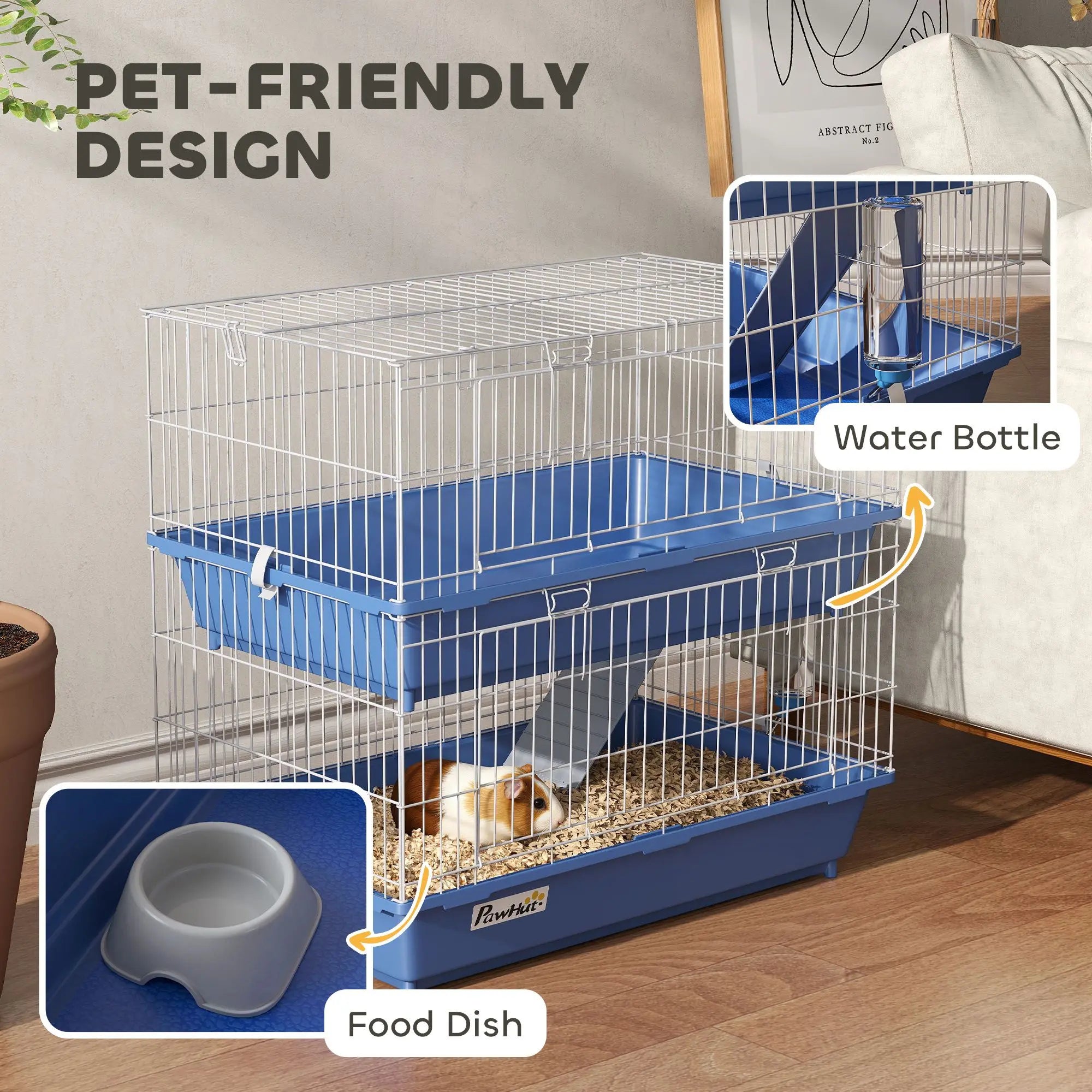 2-Tier Small Animal Cage XL Size for Guinea Pigs Ferrets Chinchillas Deep Bottoms Ram Durable Acrylic Indoor Dish Bottle 2 Doors