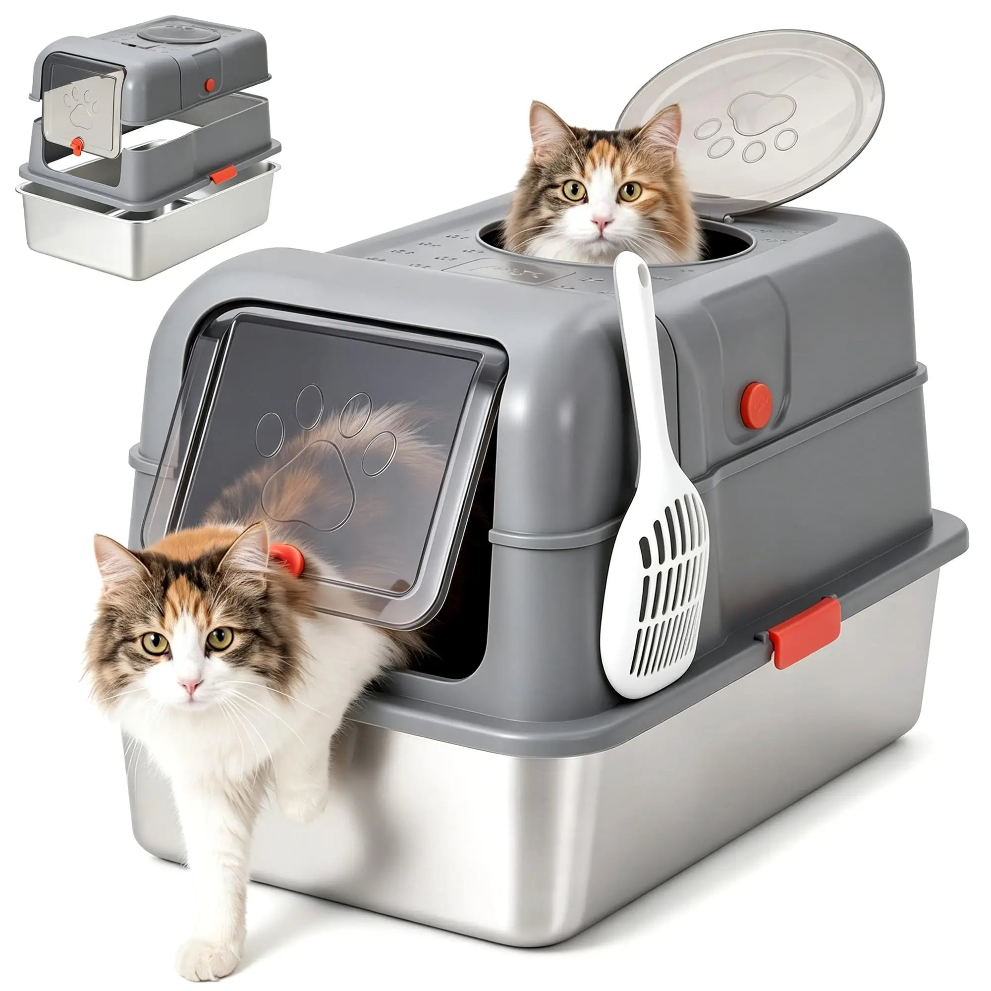 Enclosed Stainless Steel Litter Box With Lid Dog Proof XL Metal Litter Pan High Sided Anti Leak Front Entry Top Exit For Big Cats Includes Scoop For Multi Cat Home