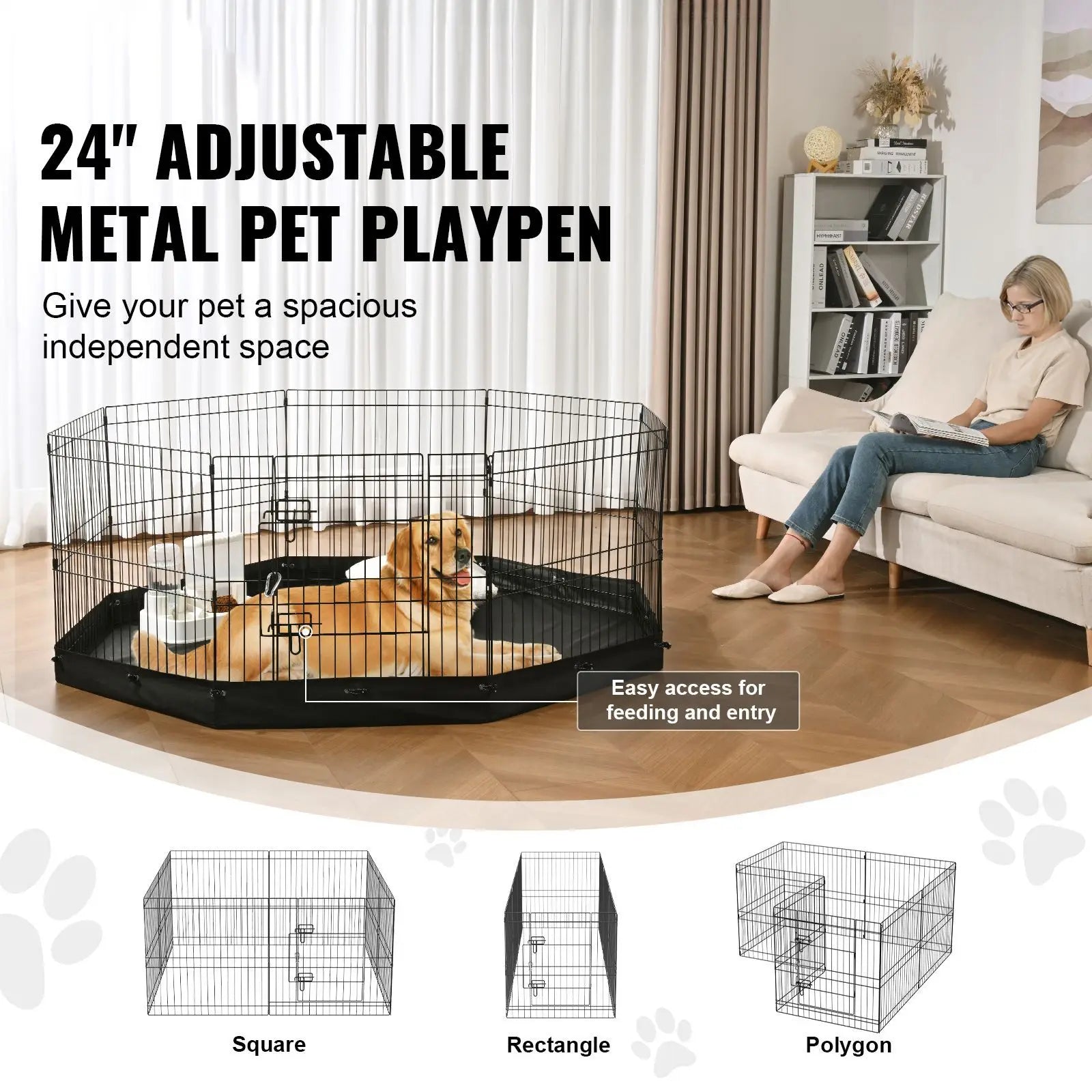 8-Panel Foldable Metal Dog Playpen 24\" H Pet Fence Solid Pattern for Cats Kennel with Ground Stakes Included