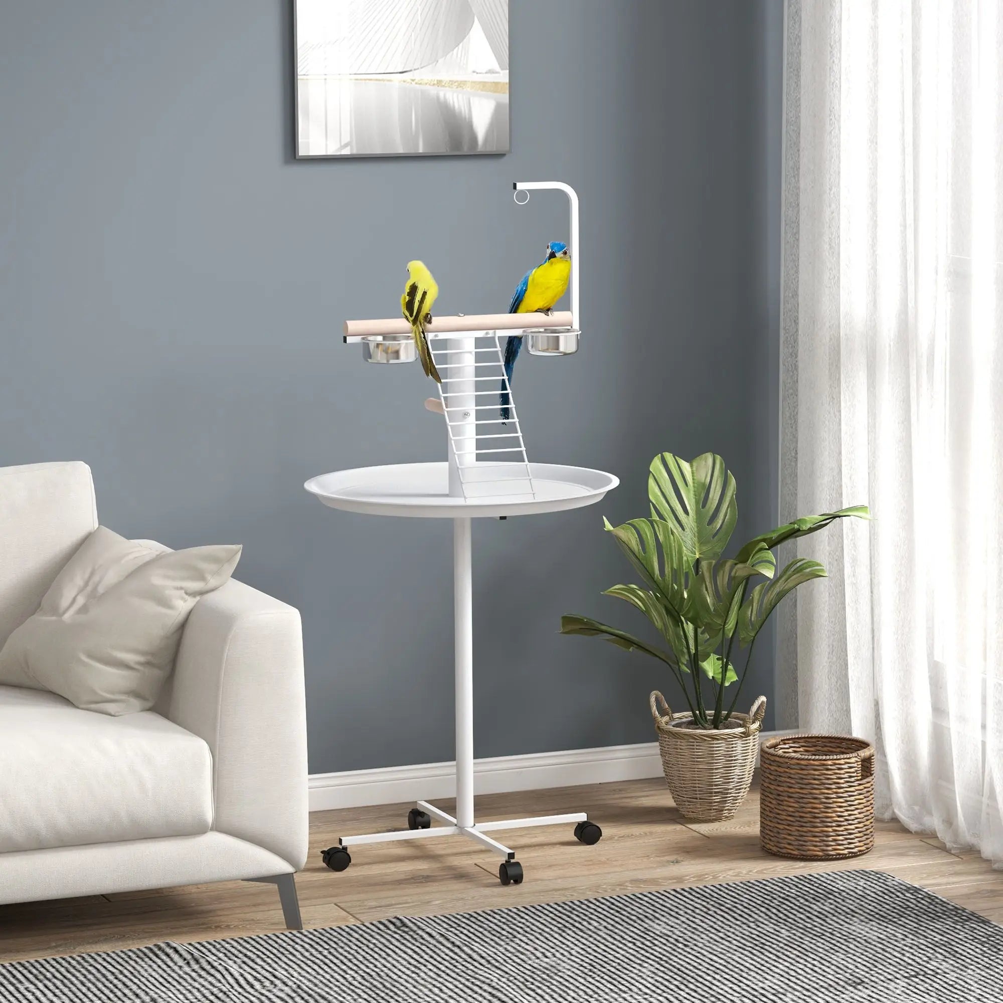 Modern Stainless Steel Bird Feeder Stand with Wheels Perches Feed Bowls Round Tray for Parrots and Bird Toys