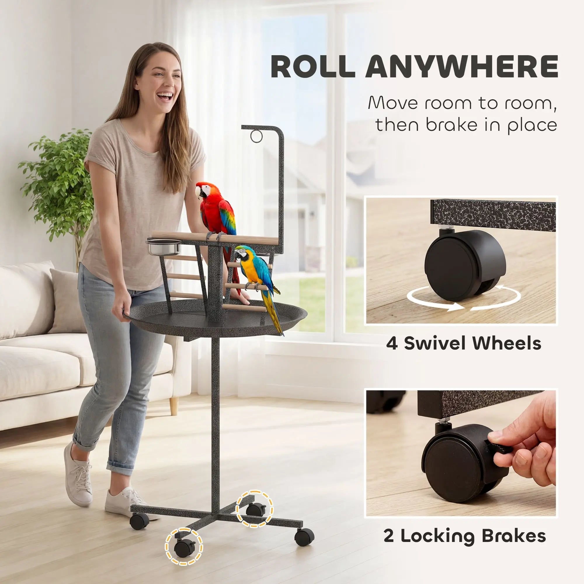Classic Style Stainless Steel Bird Stand with Wheels Round Tray and Dark Gray Feed Bowls for Indoor and Outdoor Parrot Play