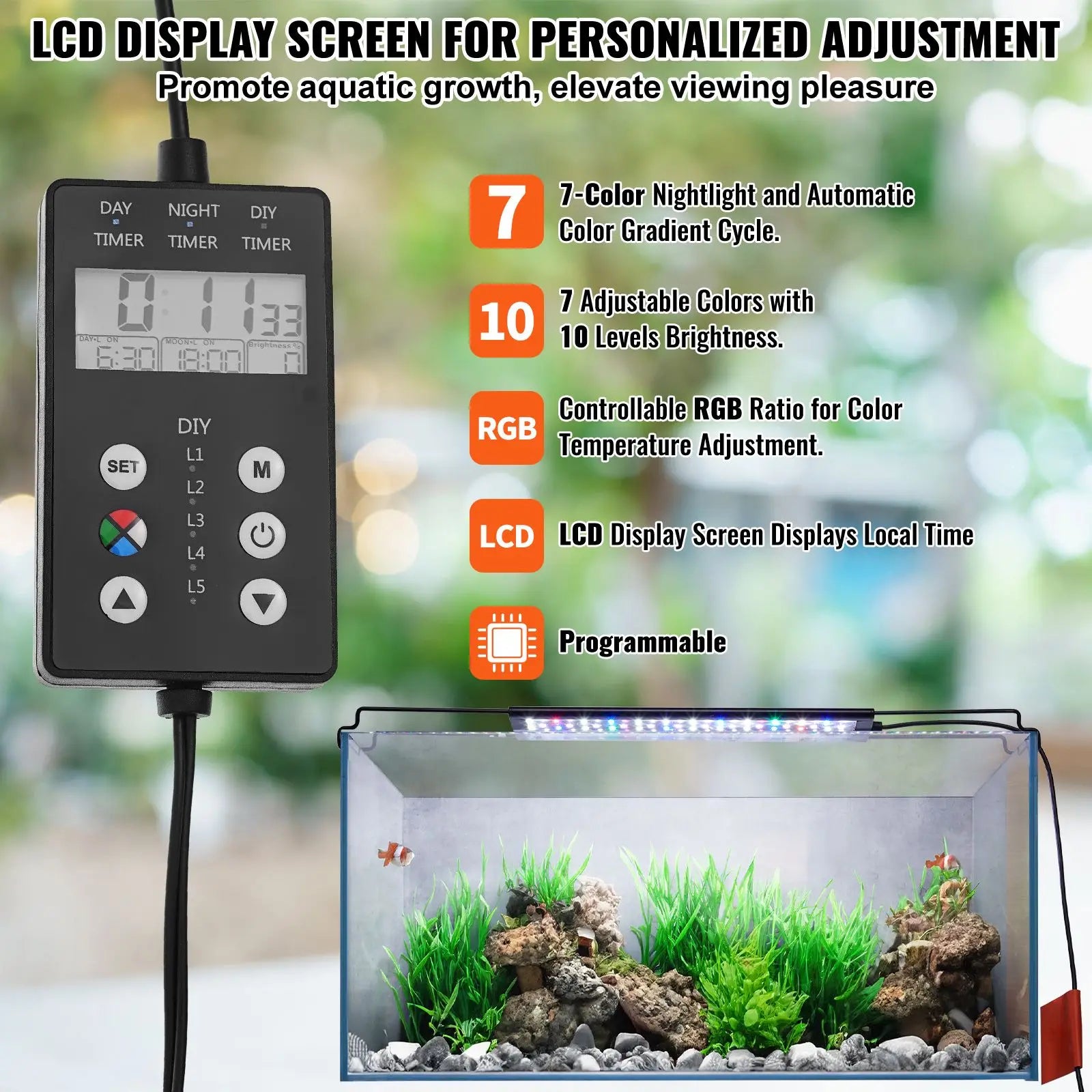 14W Full Spectrum Aquarium Light LCD Monitor 24/7 Natural RGB Blue Mode Adjustable Brightness Timer for Fish Tank Aluminum Stand